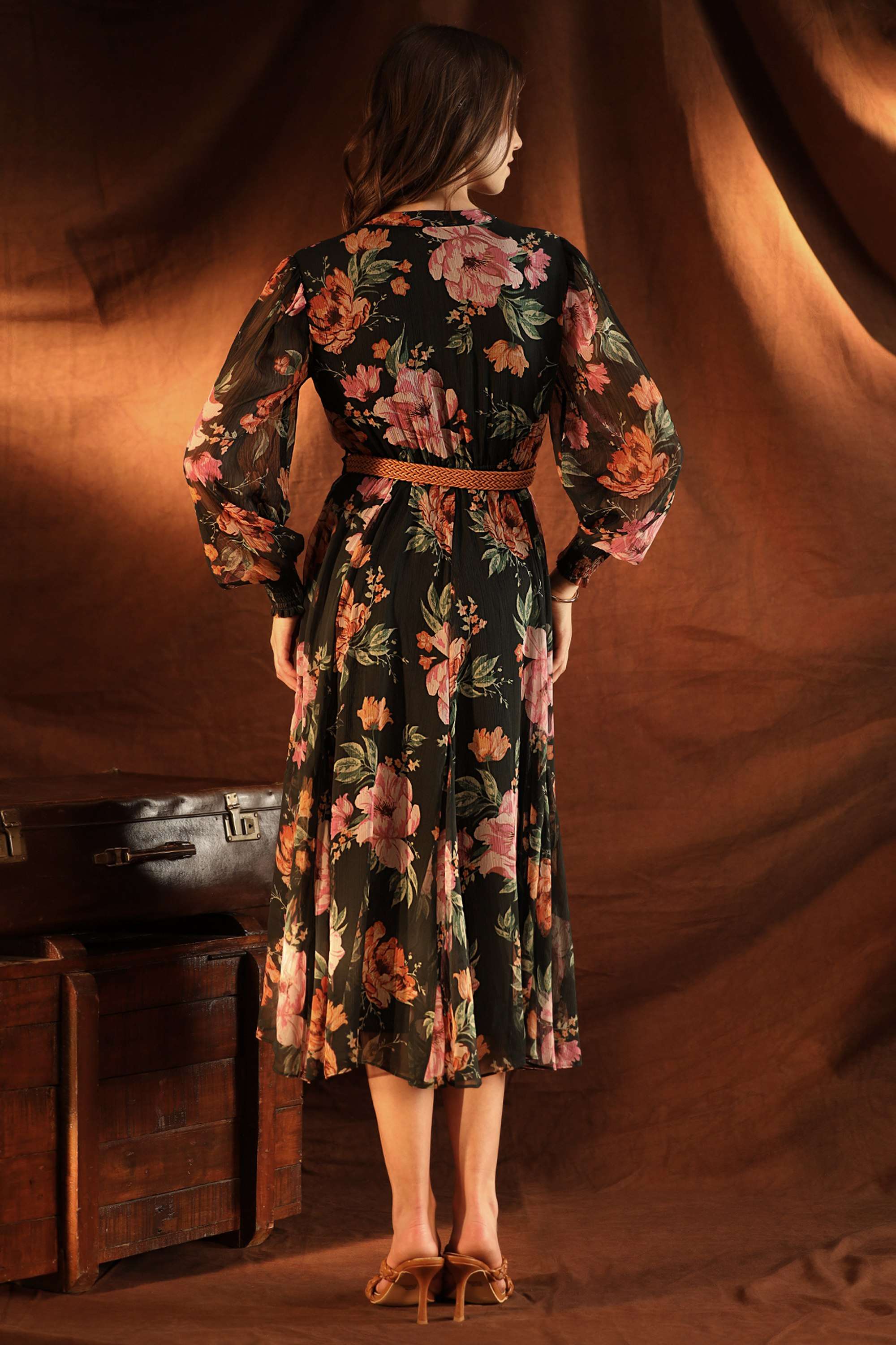 Floral-Chiffon-Collared-Women-s-Harmony-Midi-Dress-With-Belt