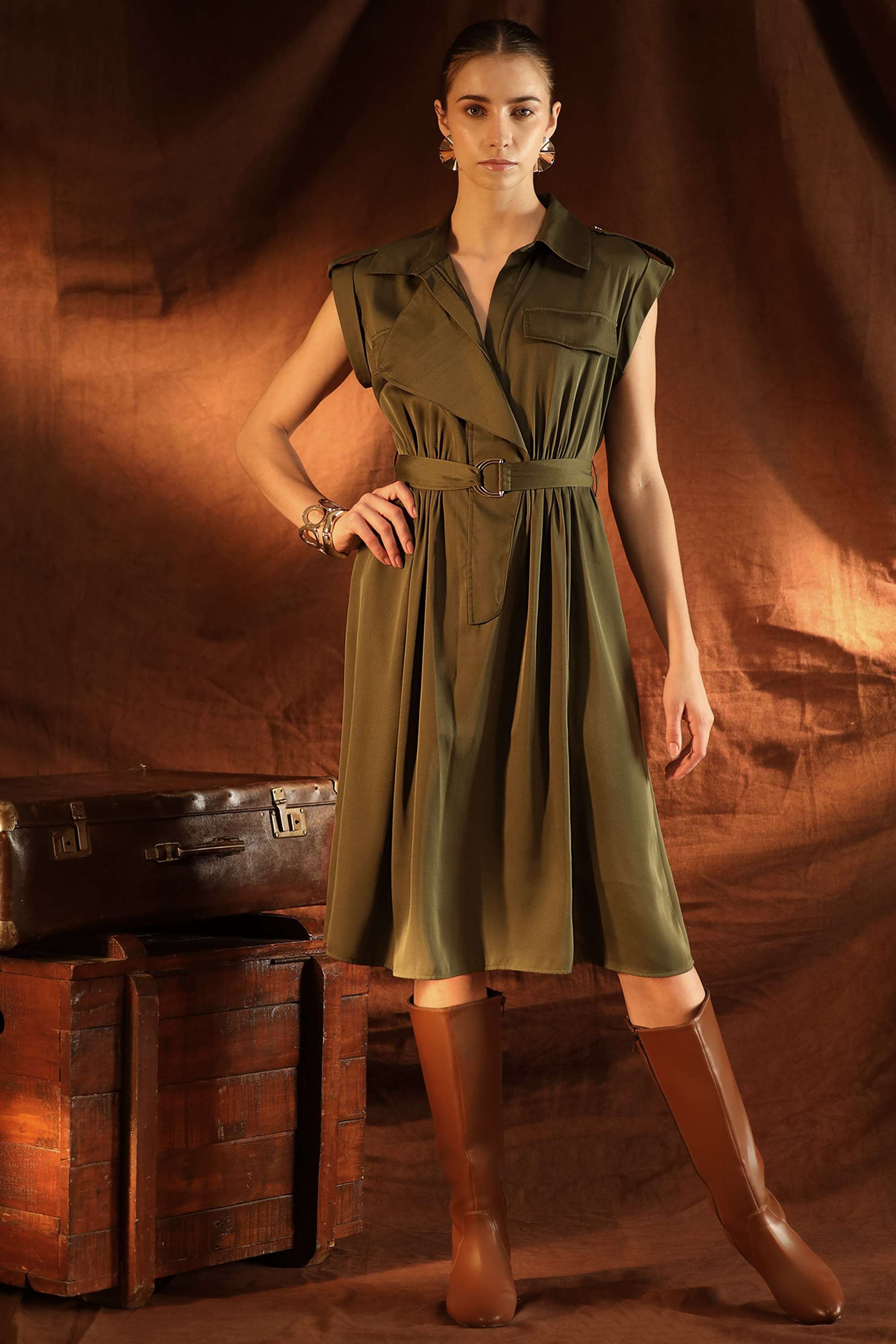 Solid-Polyester-Collared-Women-s-Bree-Midi-Dress