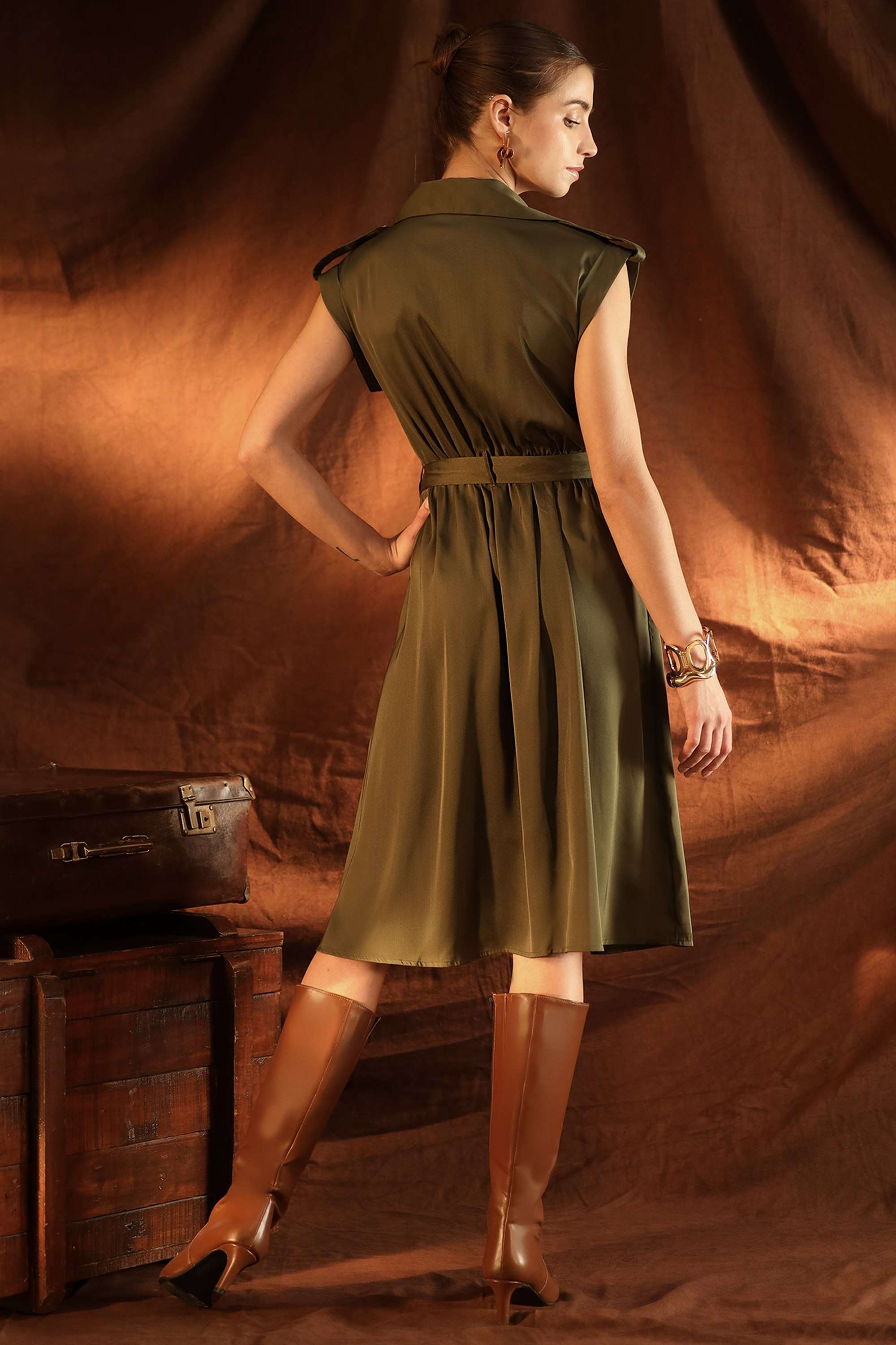 Solid-Polyester-Collared-Women-s-Bree-Midi-Dress