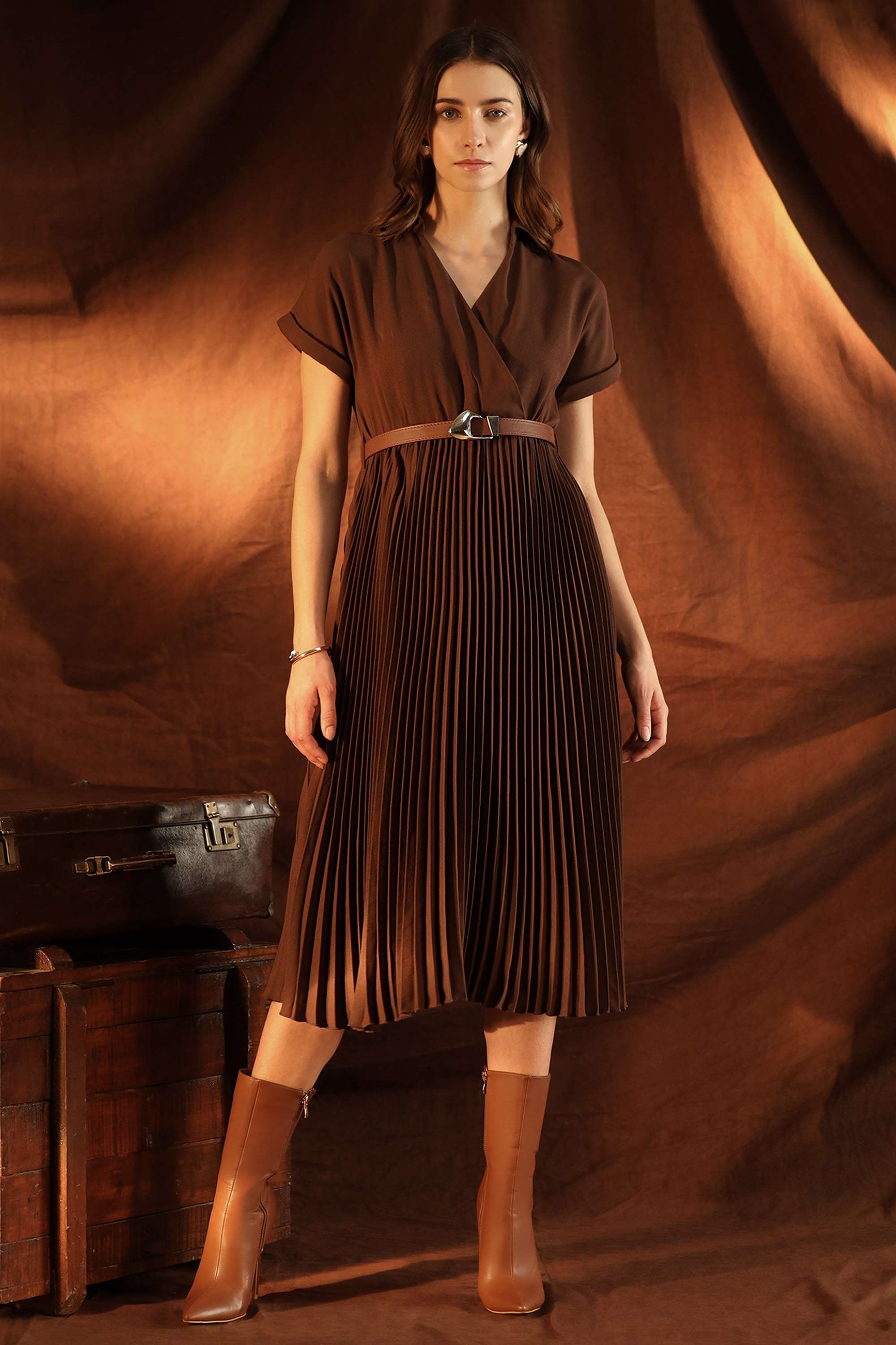 Solid-Polyester-Collared-Women-s-Venessa-Midi-Dress-With-Belt