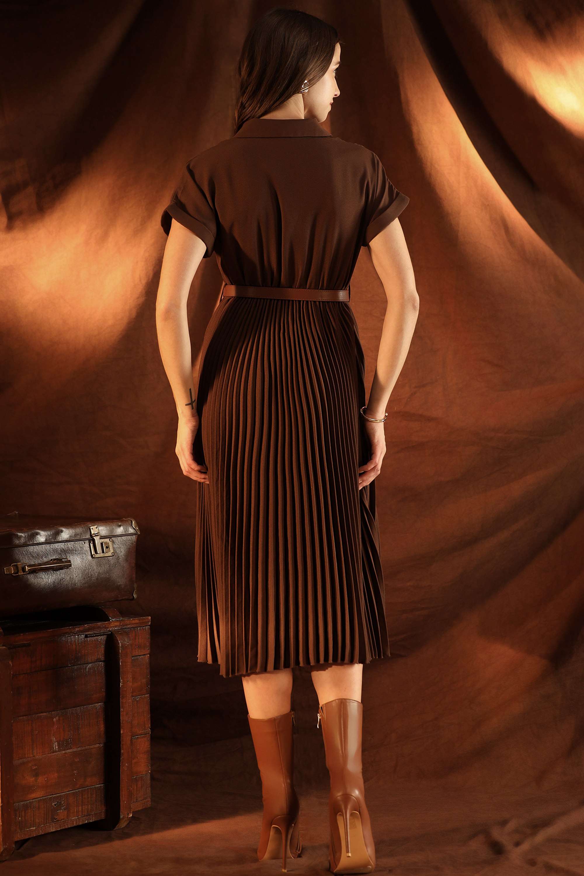 Solid-Polyester-Collared-Women-s-Venessa-Midi-Dress-With-Belt