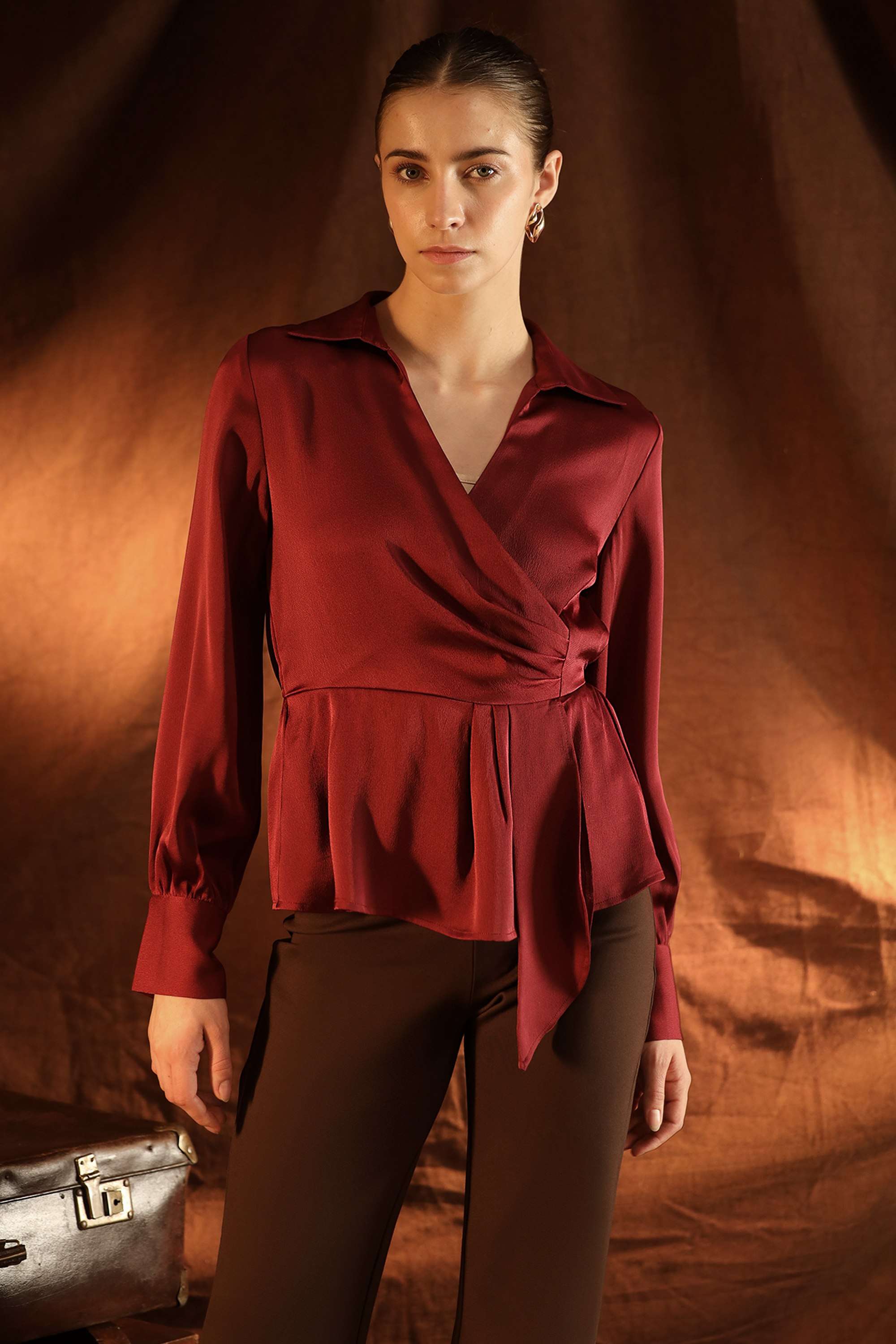 Solid-Blended-Fabric-V-Neck-Casual-Wear-Women-Blouses