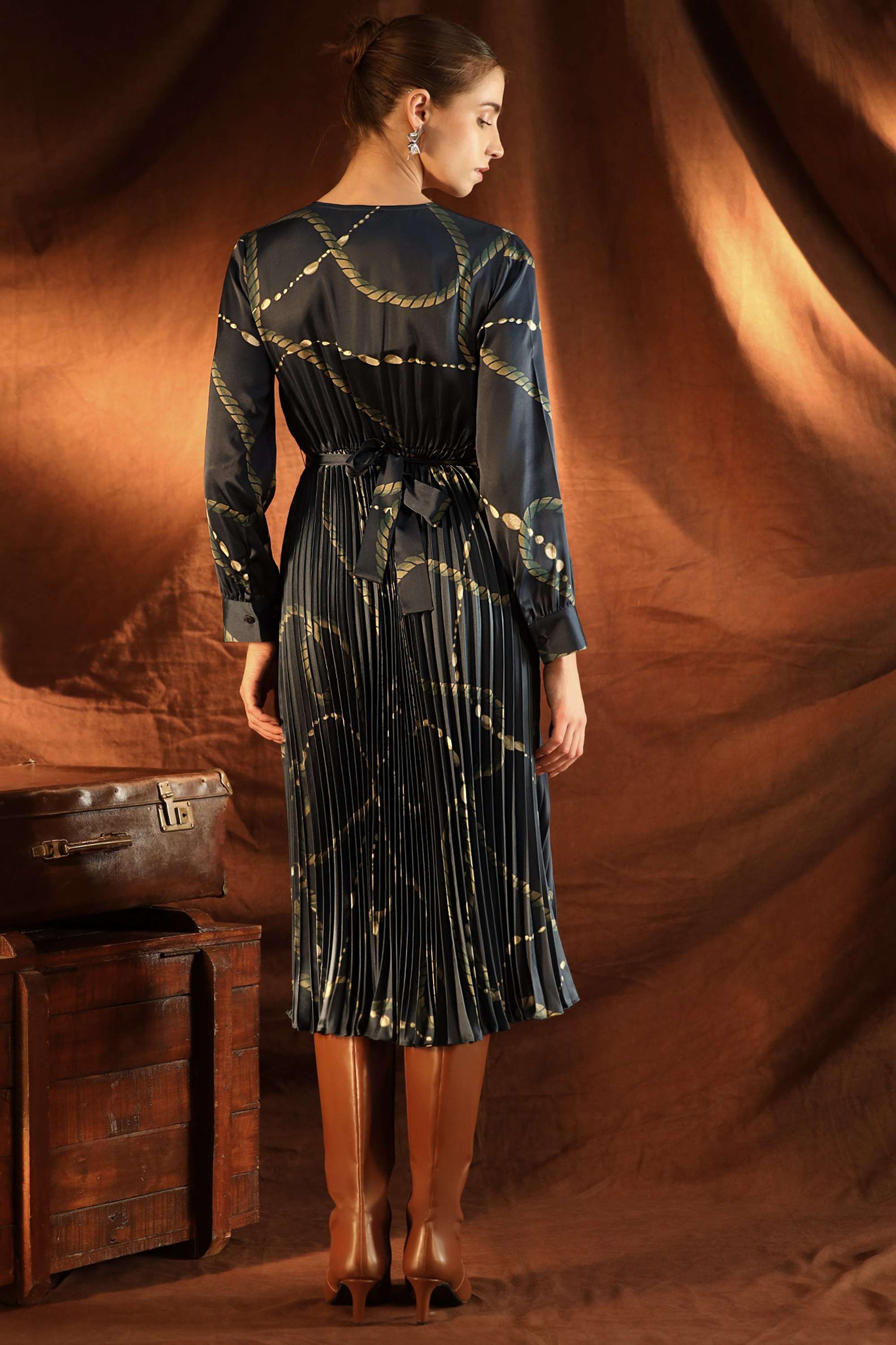Abstract-Polyester-V-Neck-Women-s-Yana-Midi-Dress-With-Belt