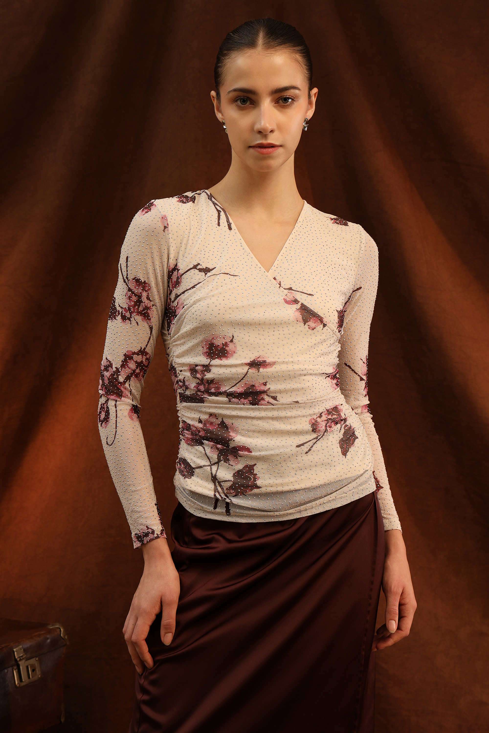 Floral-Polyester-V-Neck-Women-s-Top