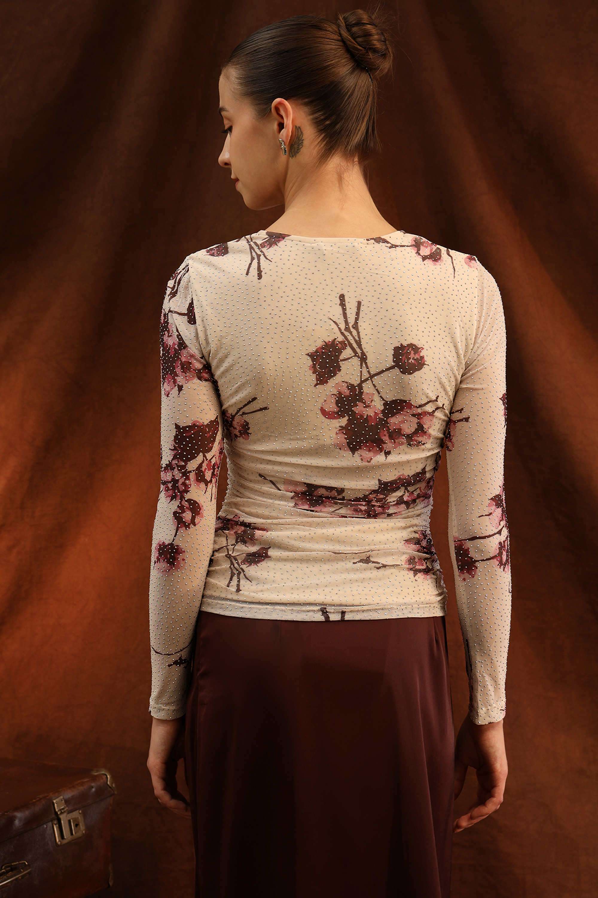 Floral-Polyester-V-Neck-Women-s-Top