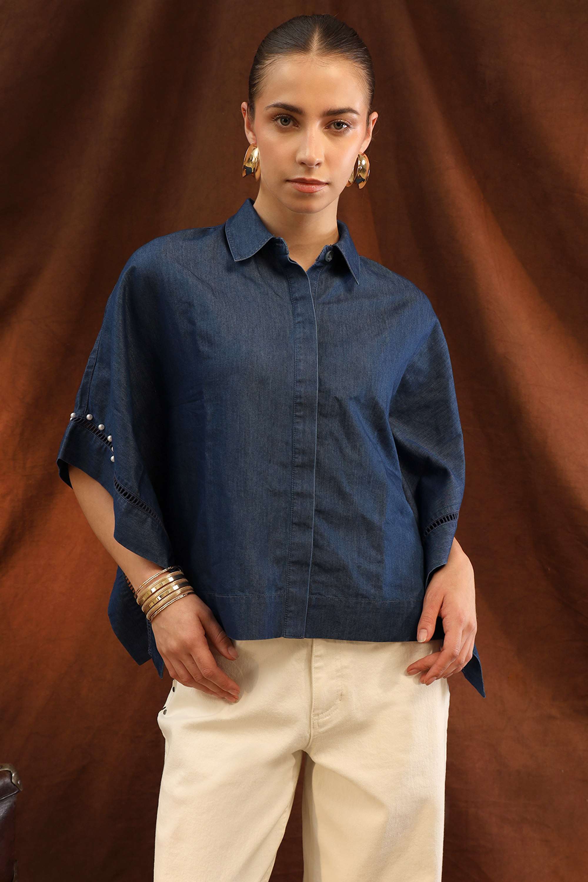 Embellished-Collared-Denim-Women-s-Formal-Wear-Shirt