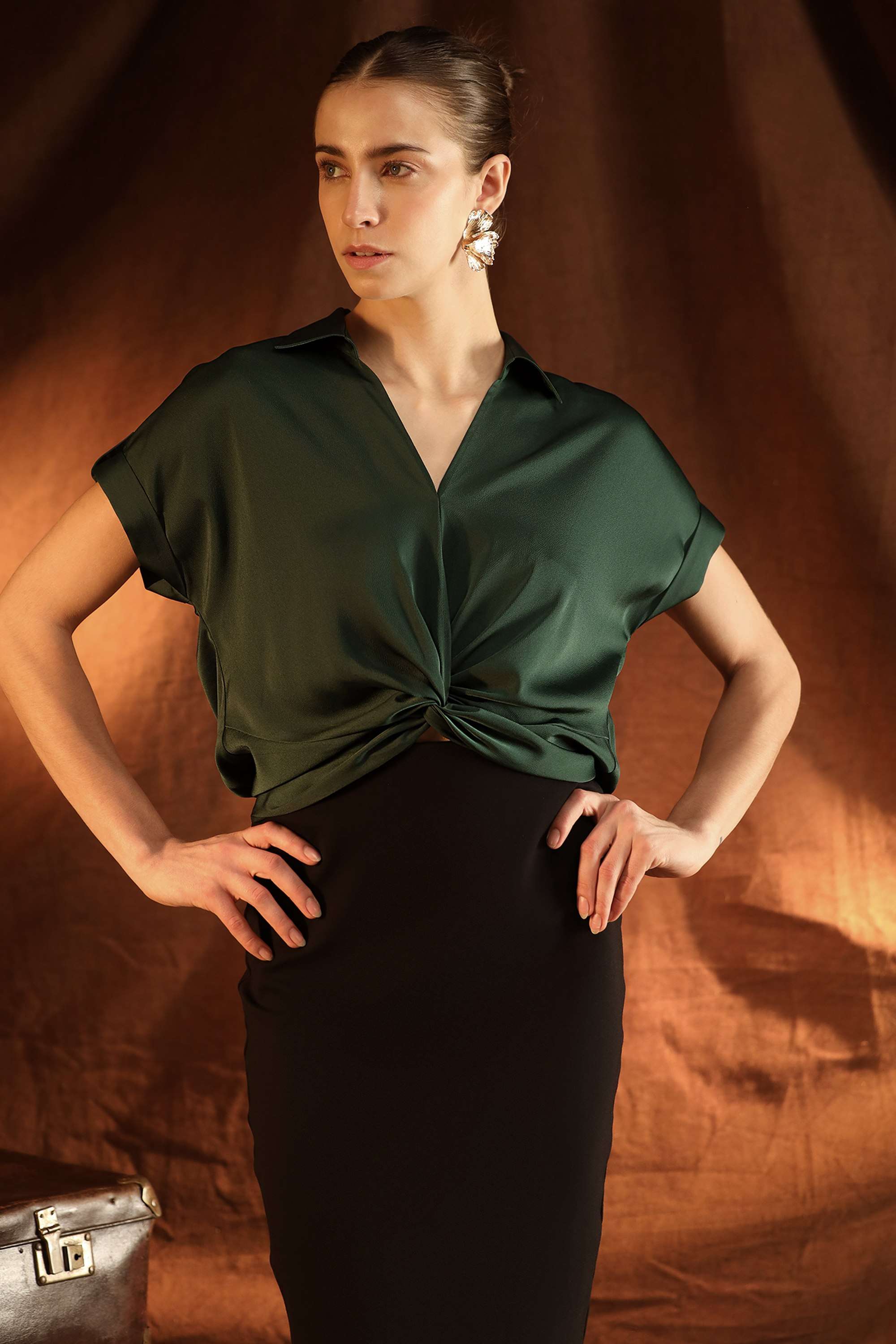 Solid-Blended-Fabric-V-Neck-Casual-Wear-Women-Blouses