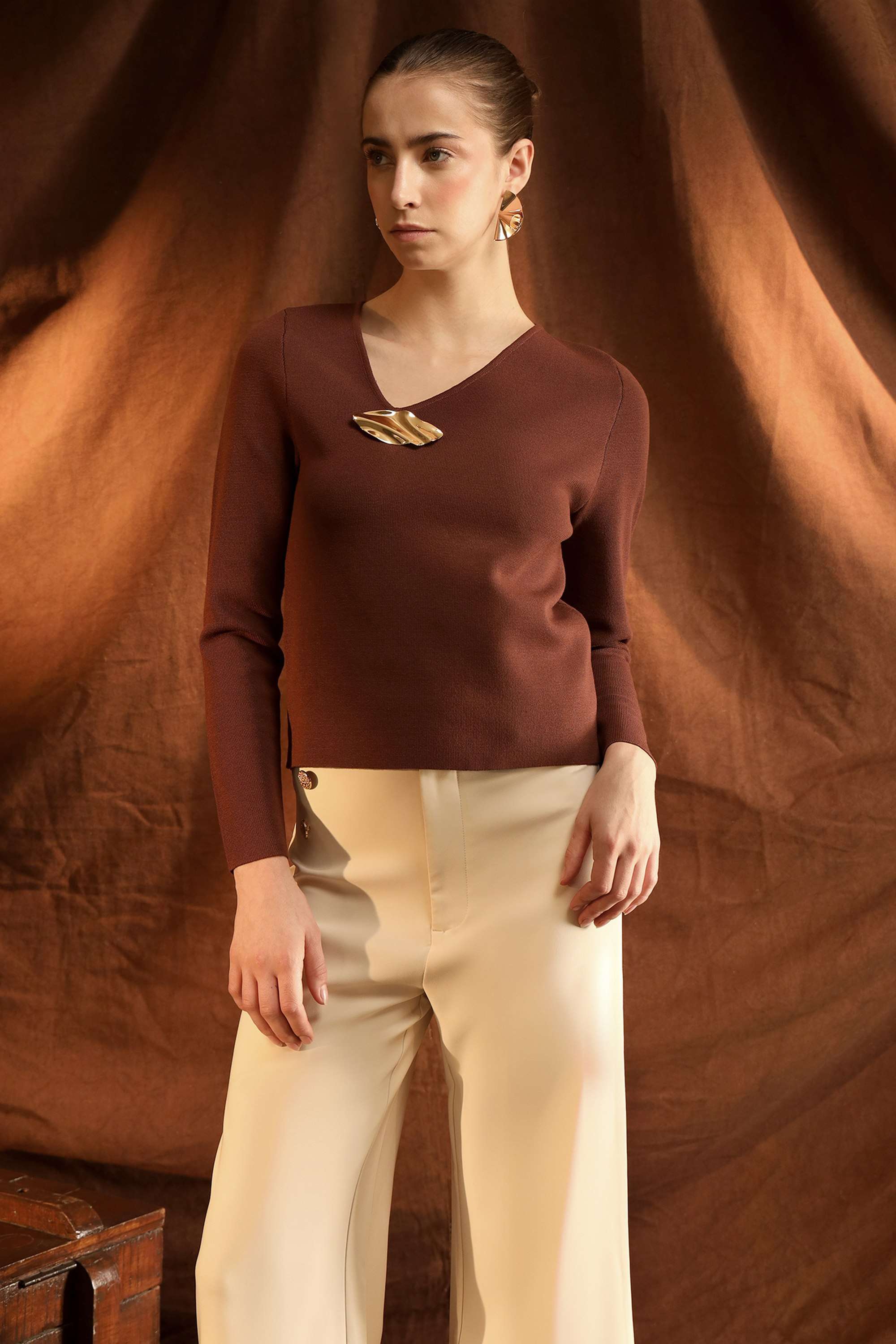 Solid-Viscose-V-Neck-Women-s-Tops