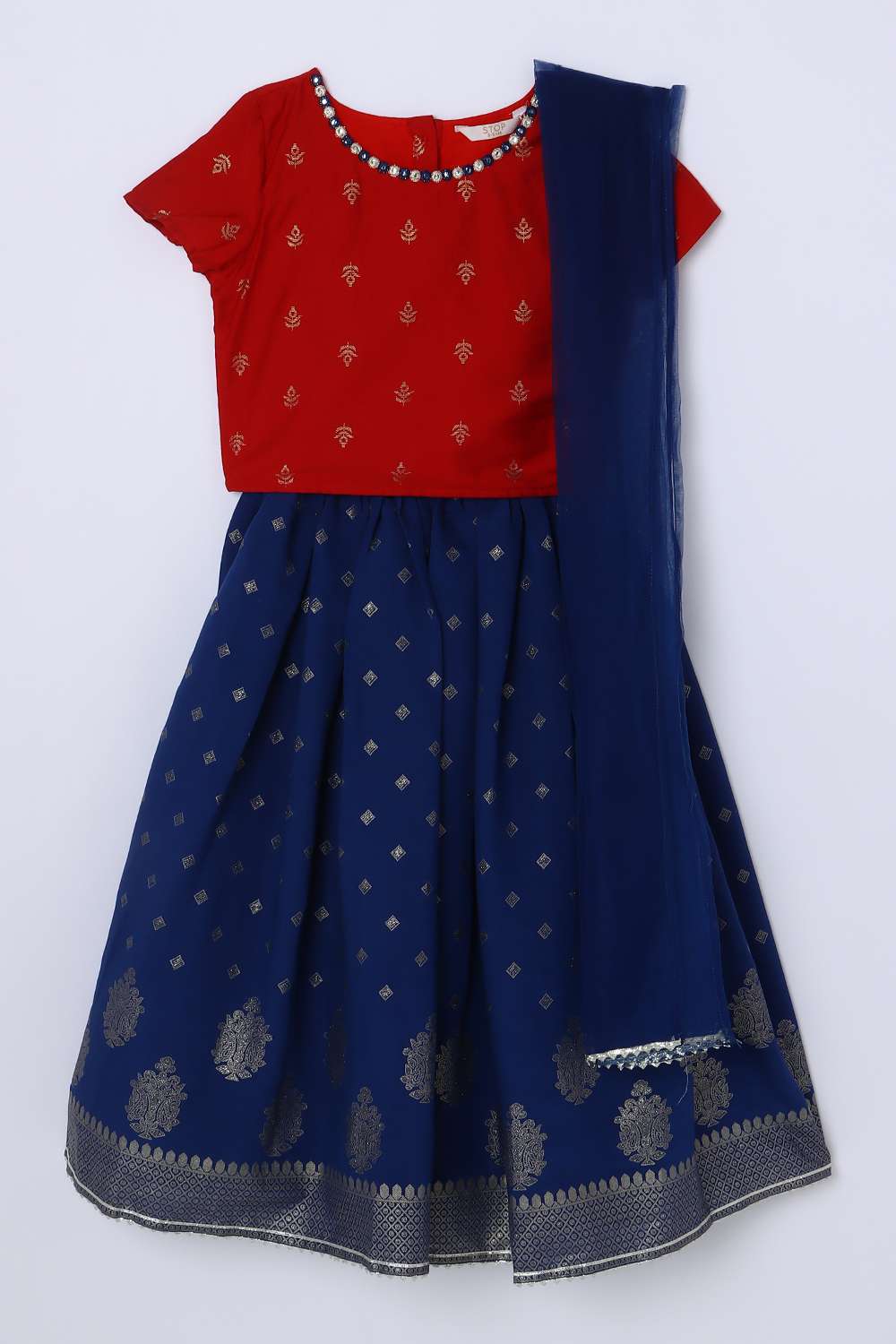 Block-Print-Blended-Fabric-Round-Neck-Girls-Kurta-Set