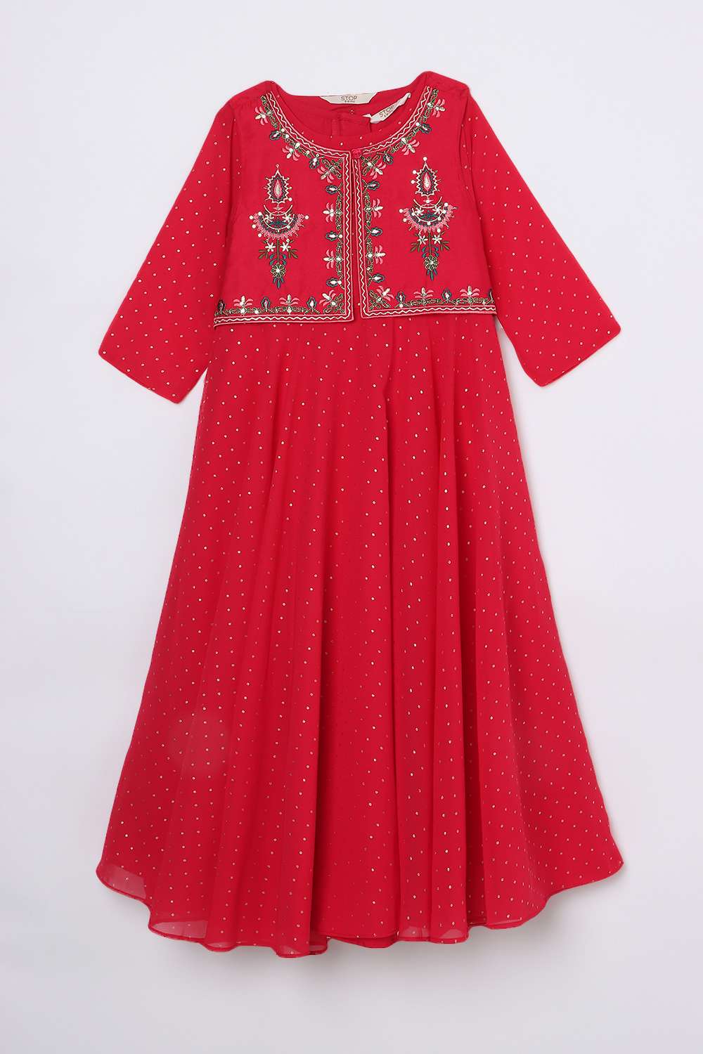 Polka-Dots-Blended-Fabric-Round-Neck-Girl-s-Dress