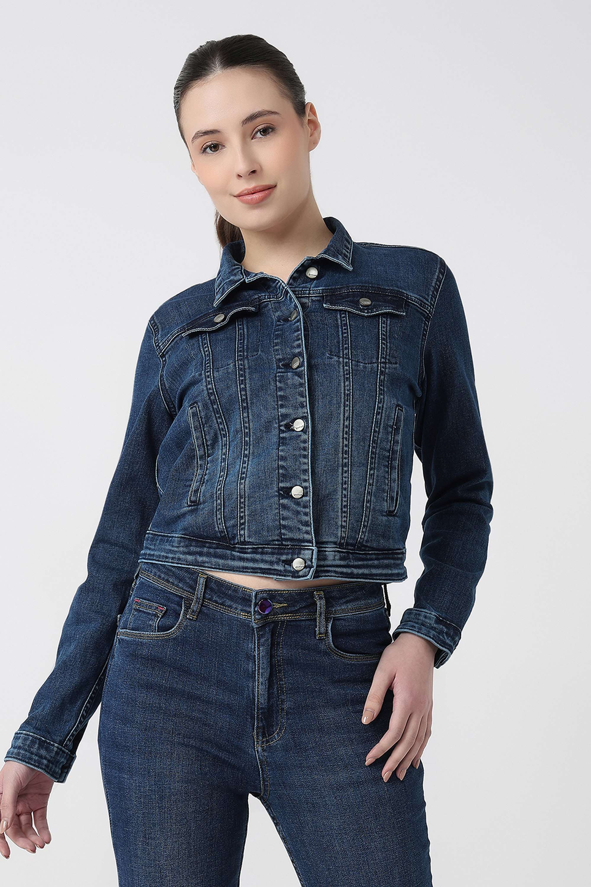 Solid-Blended-Fabric-Collared-Women-s-Jacket