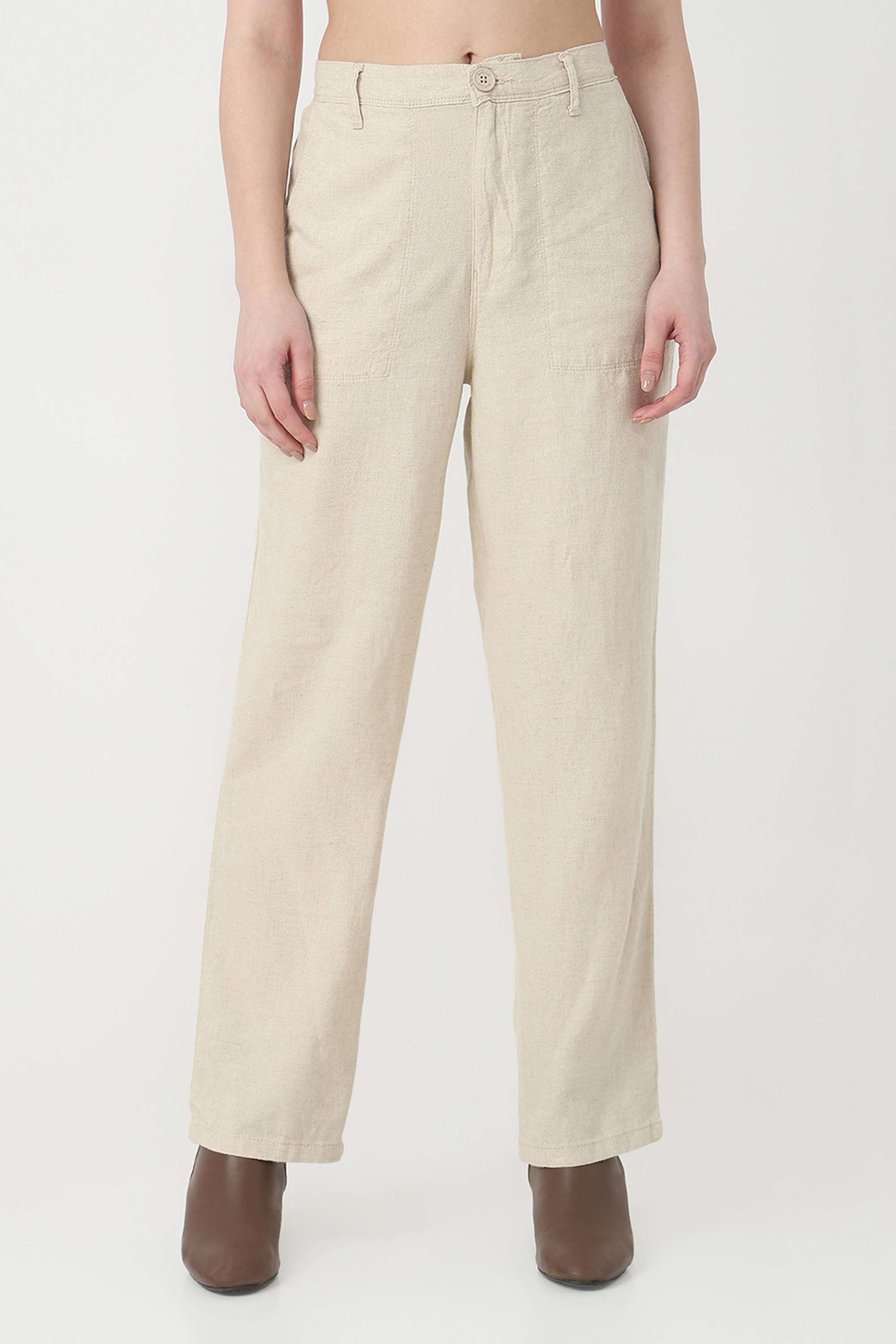 Solid-Straight-Fit-Blended-Fabric-Women-s-Casual-Wear-Trousers