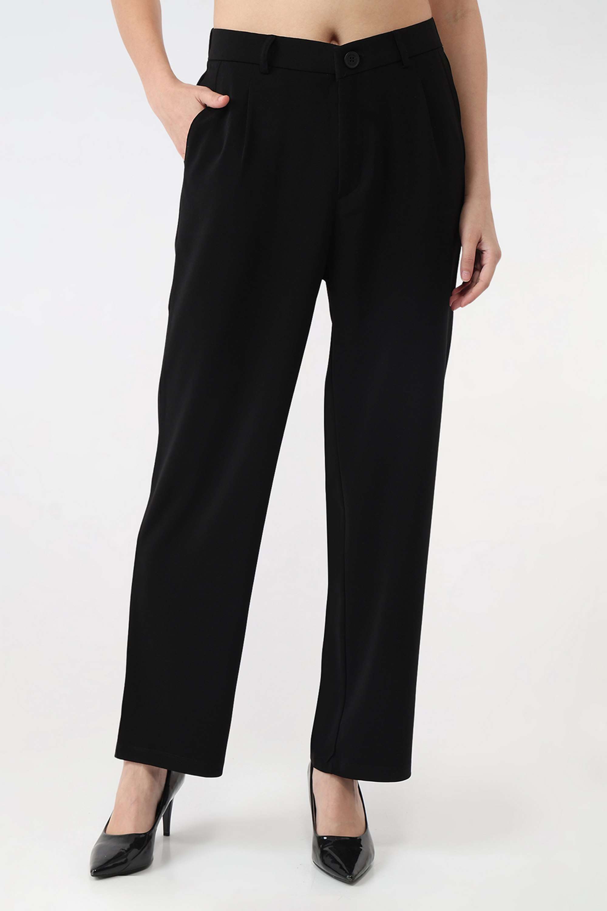 Solid-Straight-Fit-Polyester-Women-s-Casual-Wear-Trousers