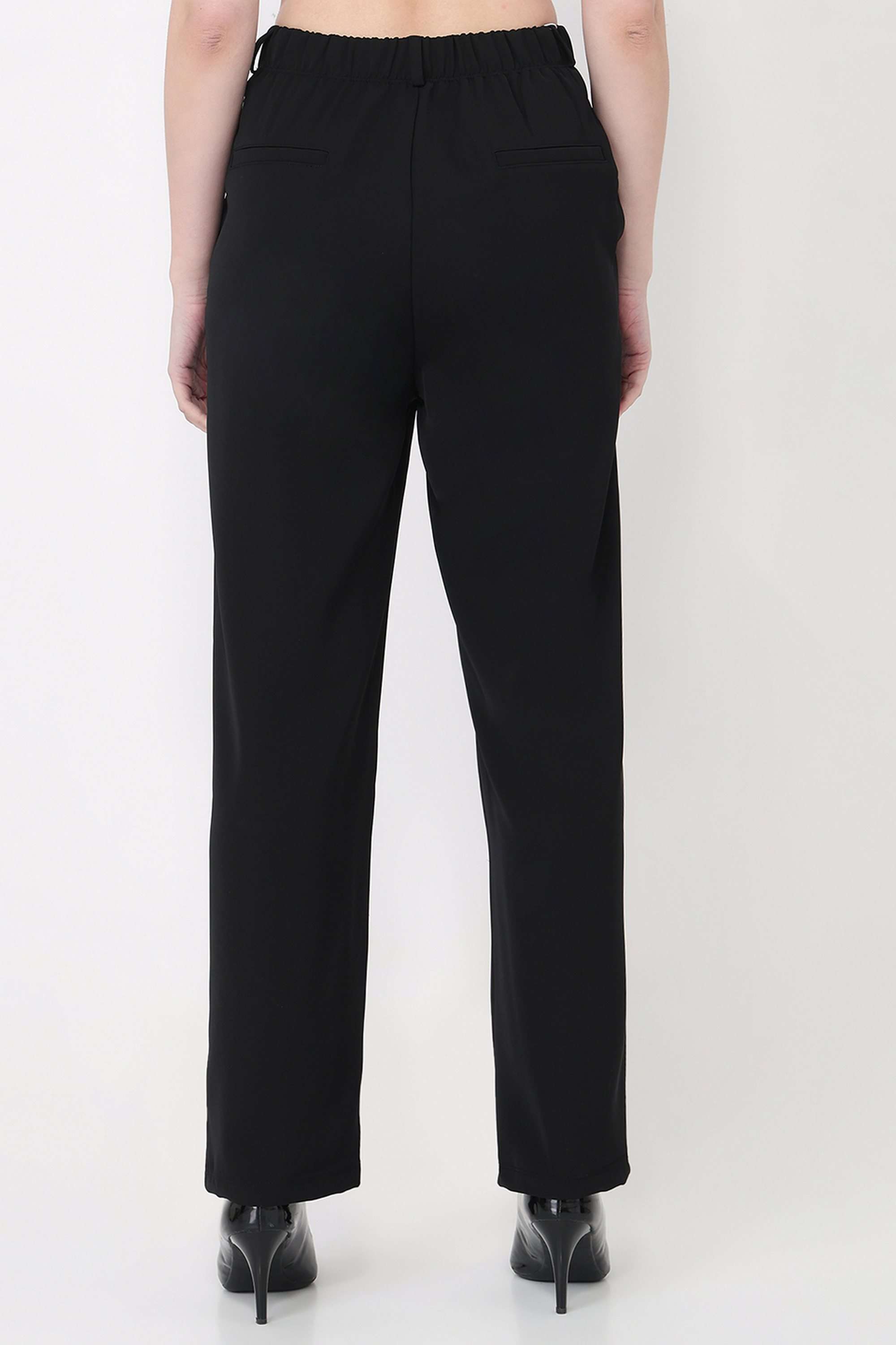Solid-Straight-Fit-Blended-Fabric-Women-Casual-Wear-Trousers