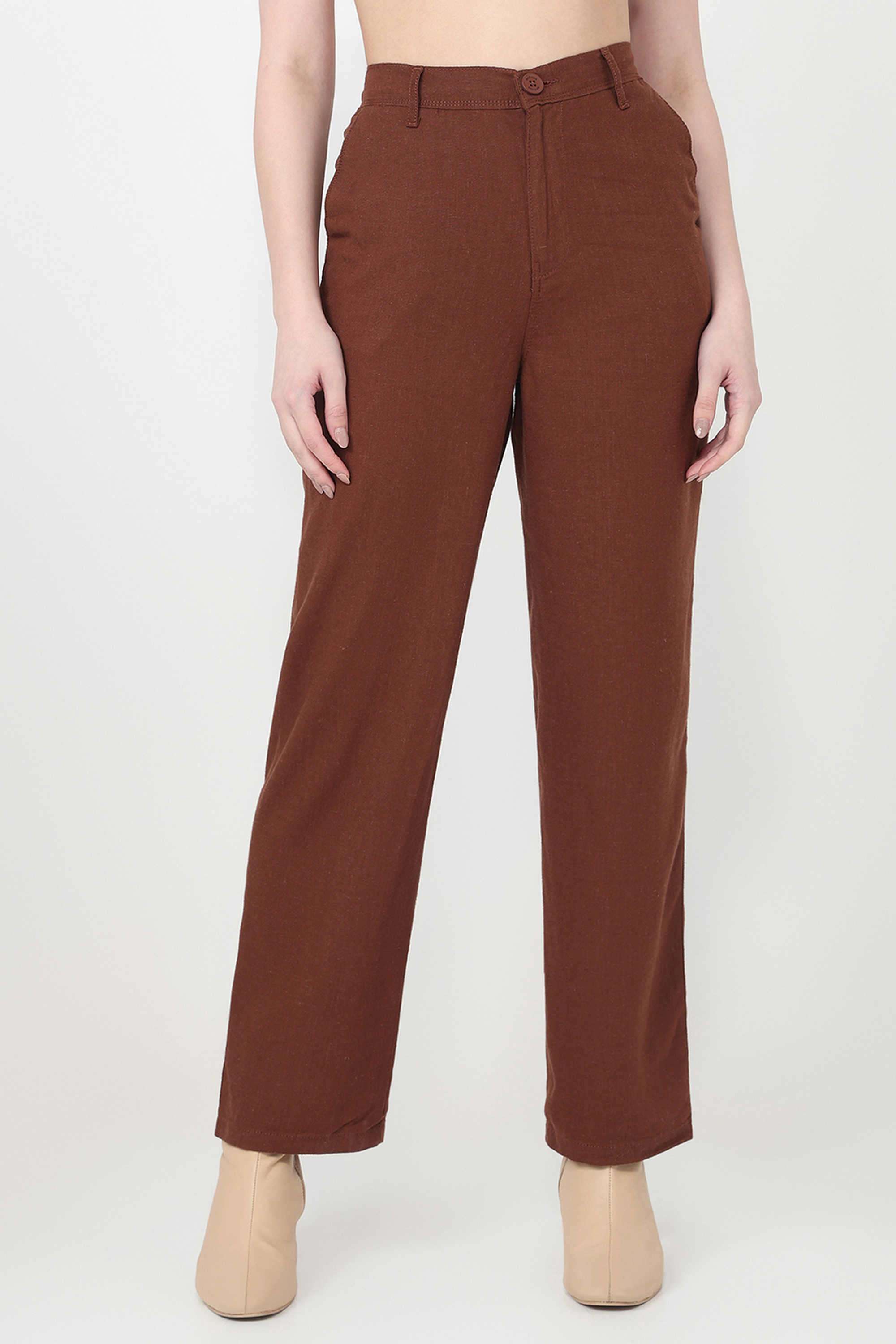 Solid-Relaxed-Fit-Blended-Fabric-Women-s-Casual-Wear-Trousers