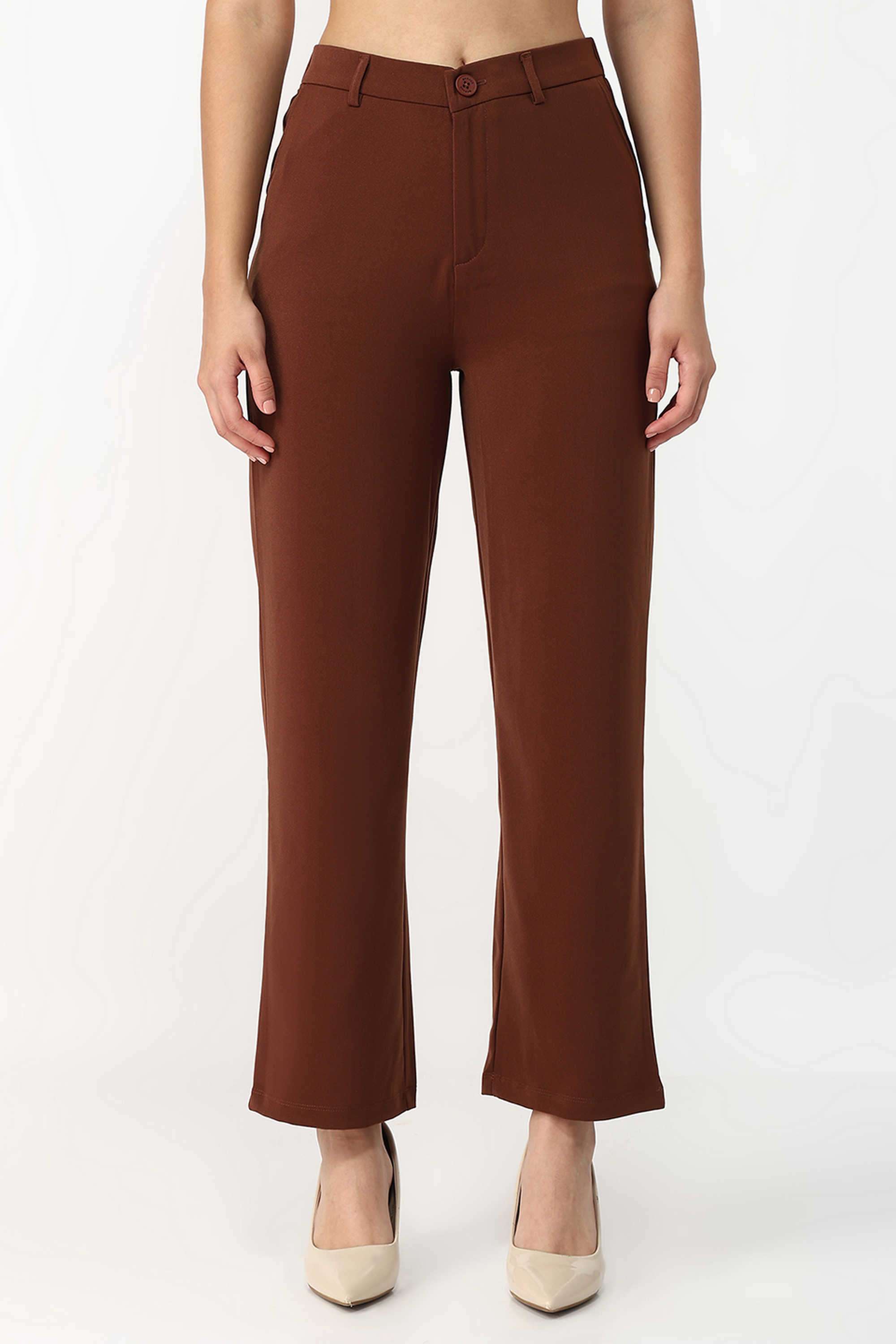 Solid-Straight-Fit-Polyester-Women-s-Casual-Wear-Trousers