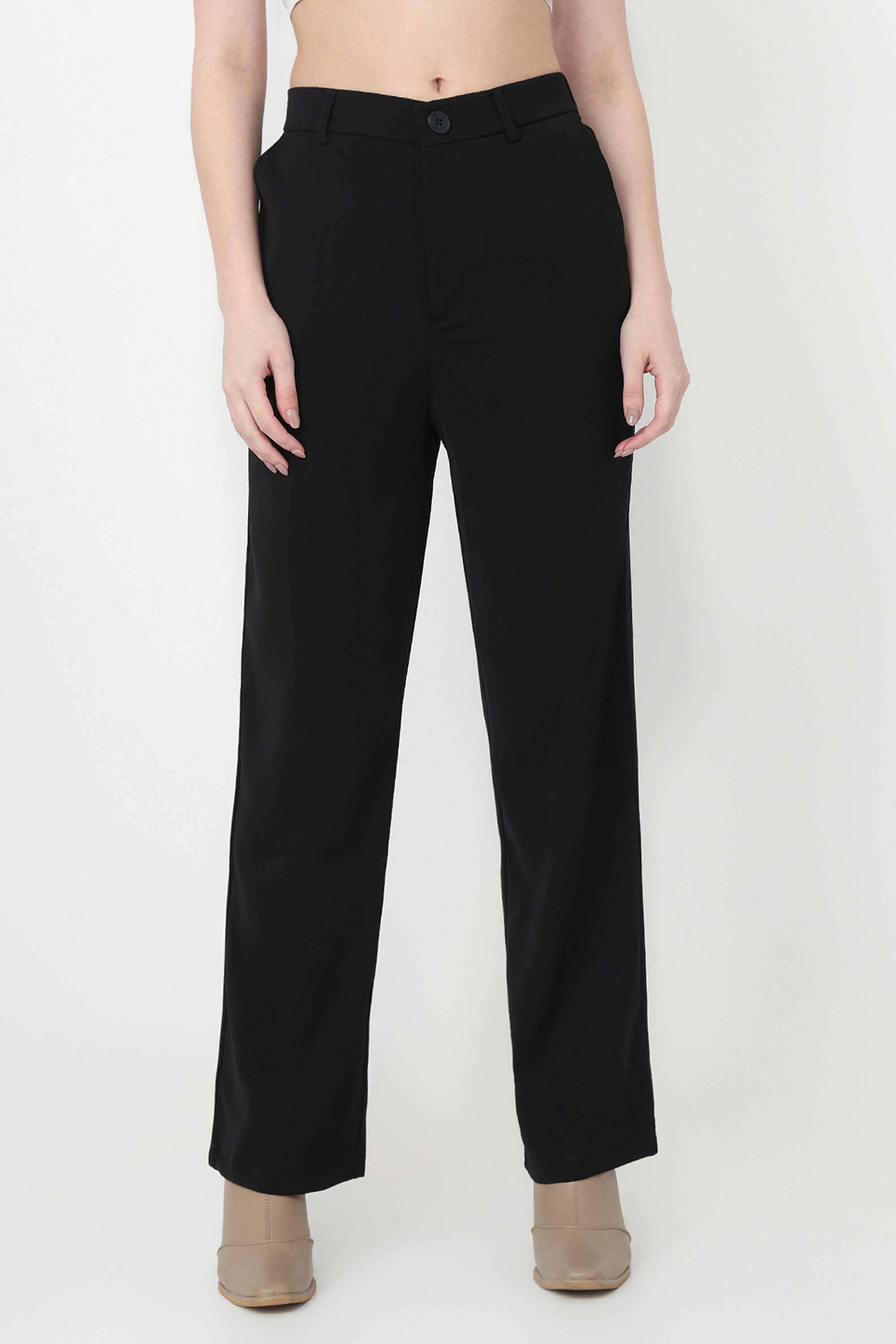 Solid-Relaxed-Fit-Blended-Fabric-Women-s-Casual-Wear-Trousers