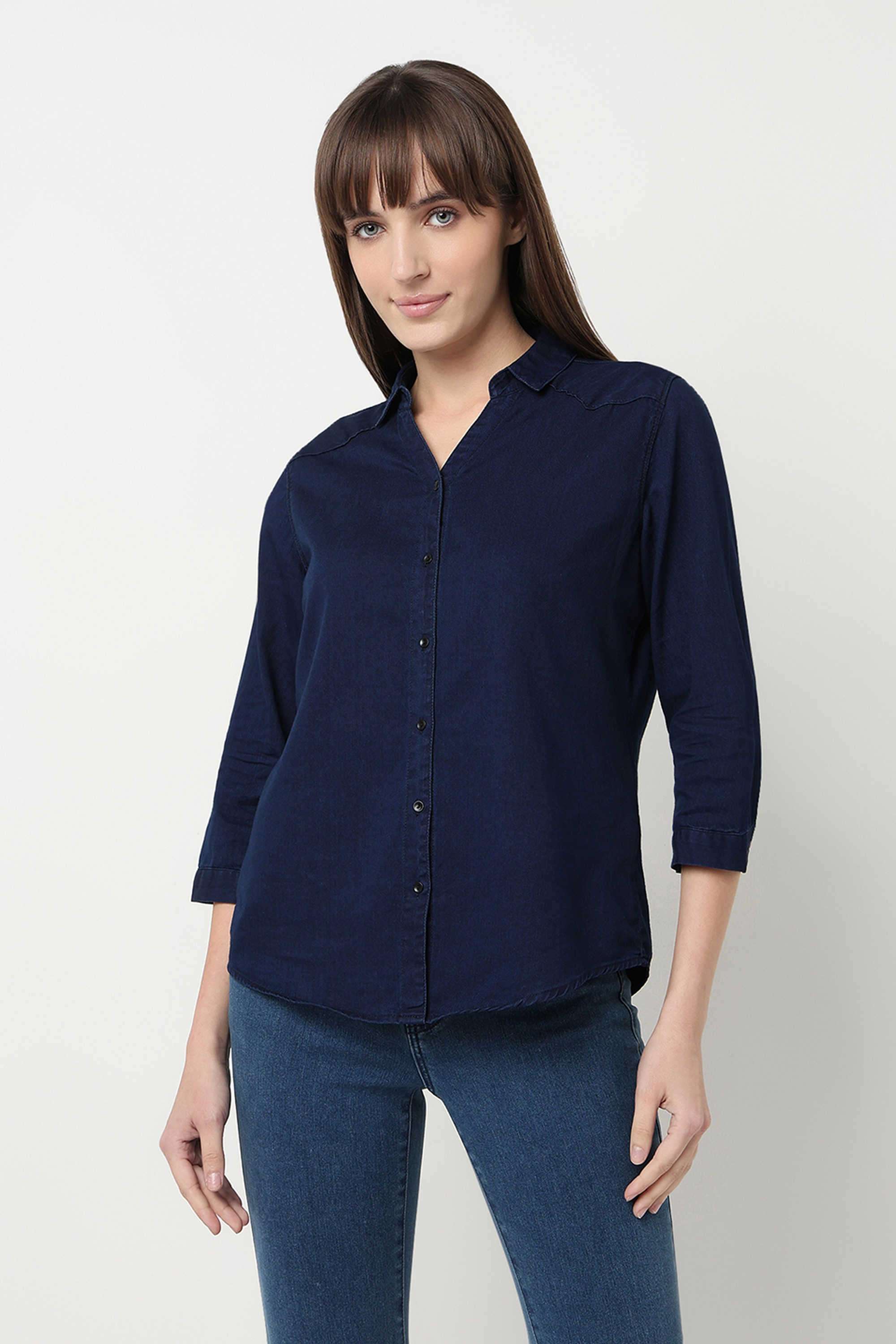 Solid-Collared-Cotton-Women-s-Casual-Wear-Shirt
