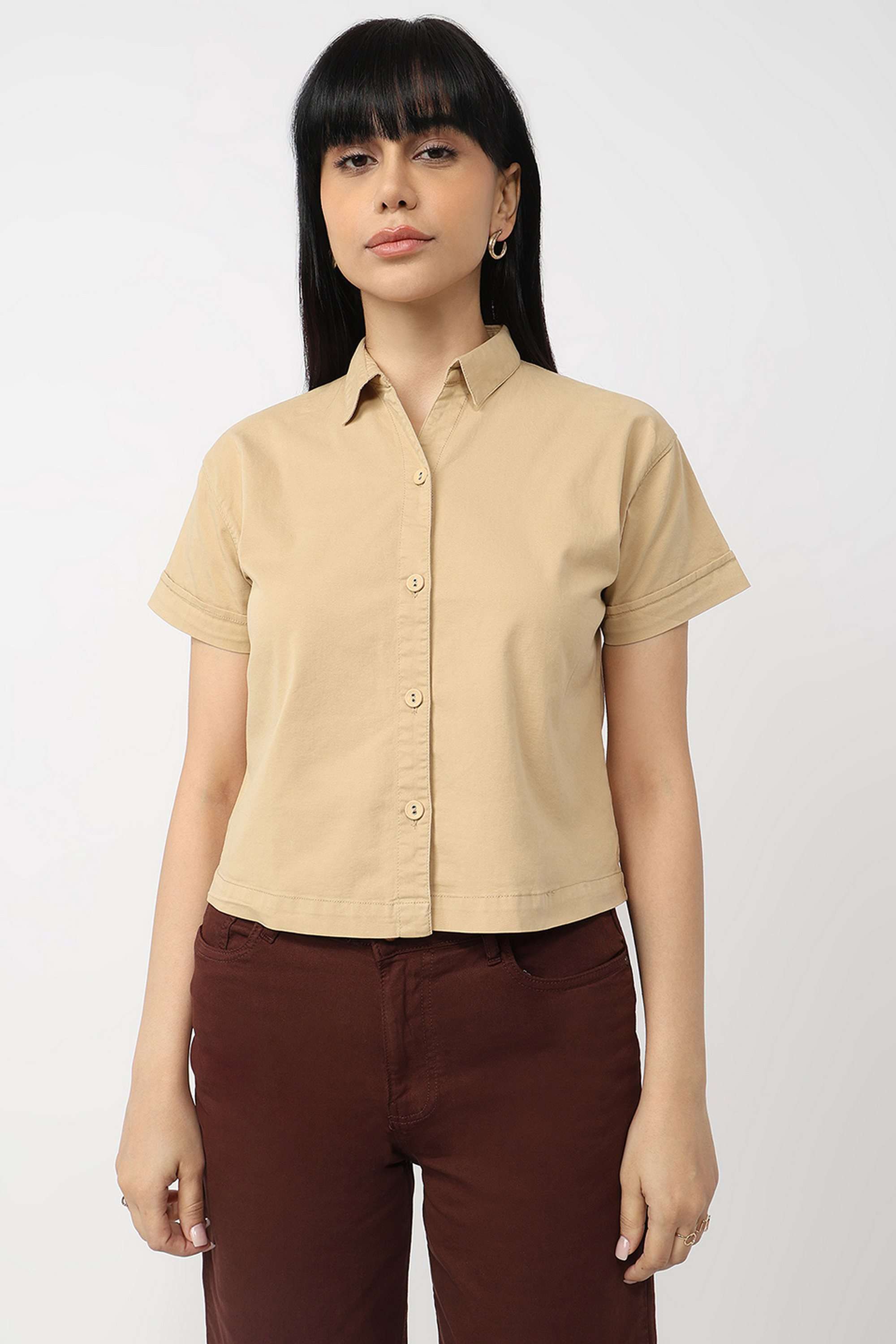 Solid-Collared-Blended-Fabric-Women-Casual-Wear-Shirt