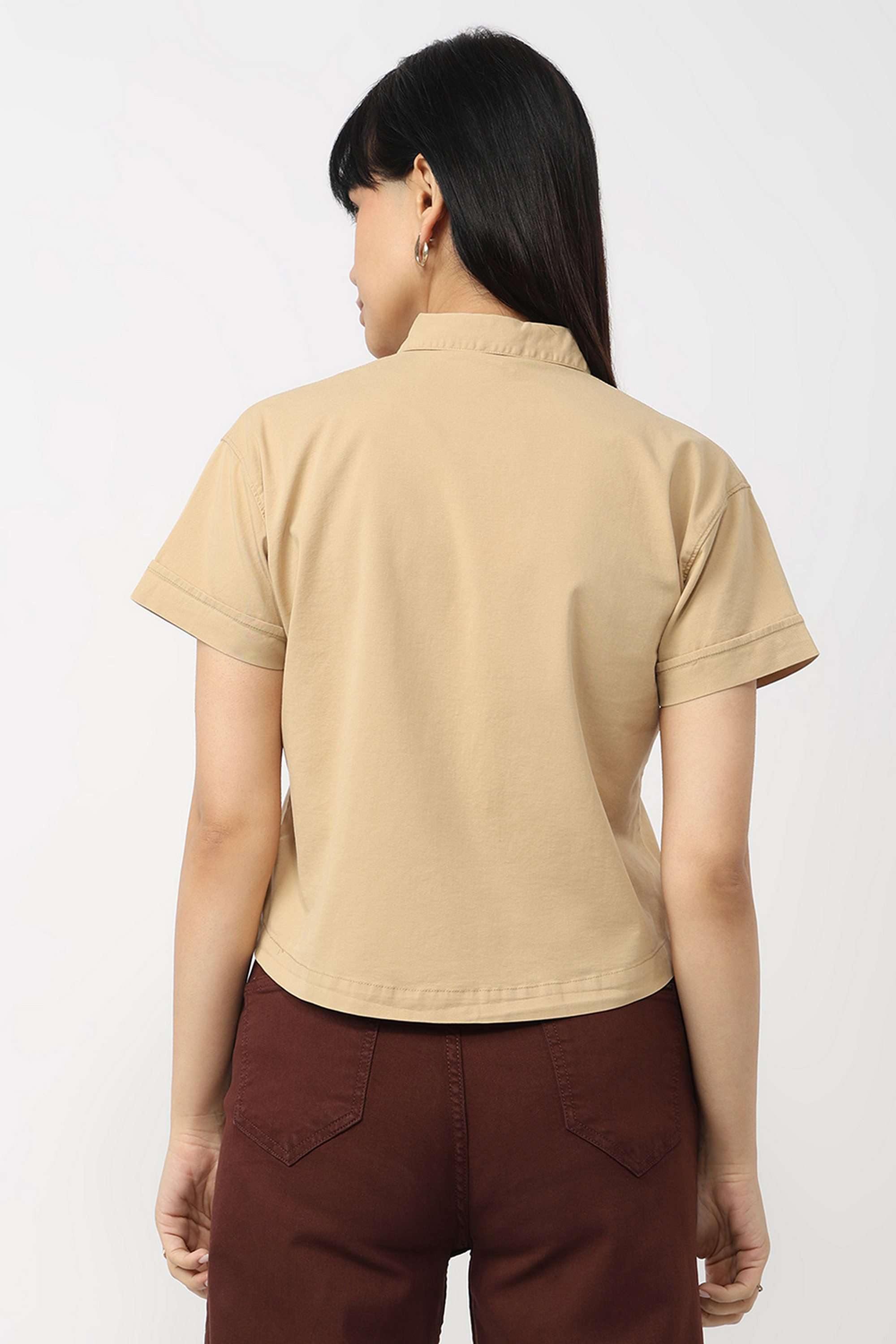 Solid-Collared-Blended-Fabric-Women-Casual-Wear-Shirt