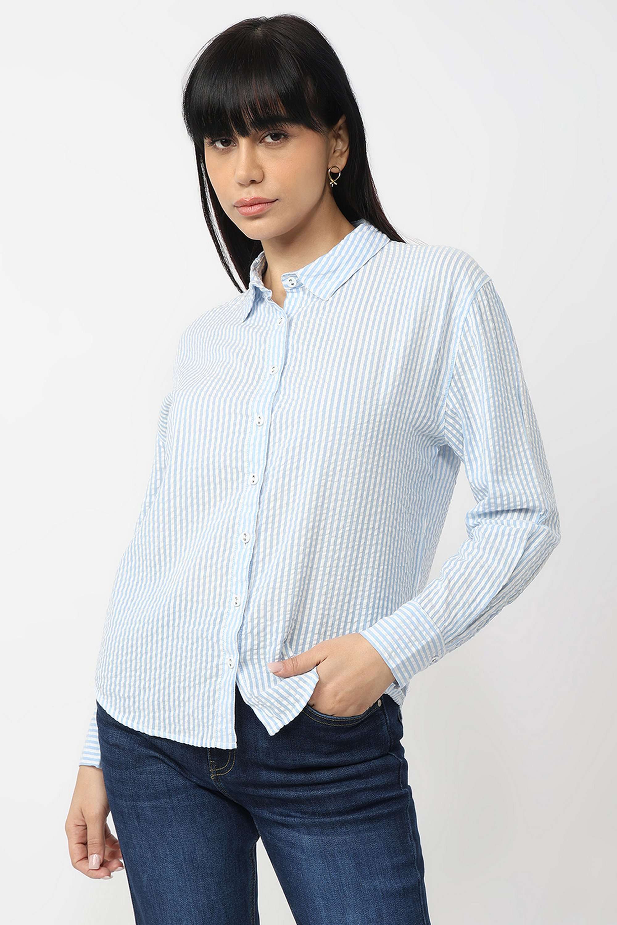 Stripes-Collared-Blended-Fabric-Women-Casual-Wear-Shirt