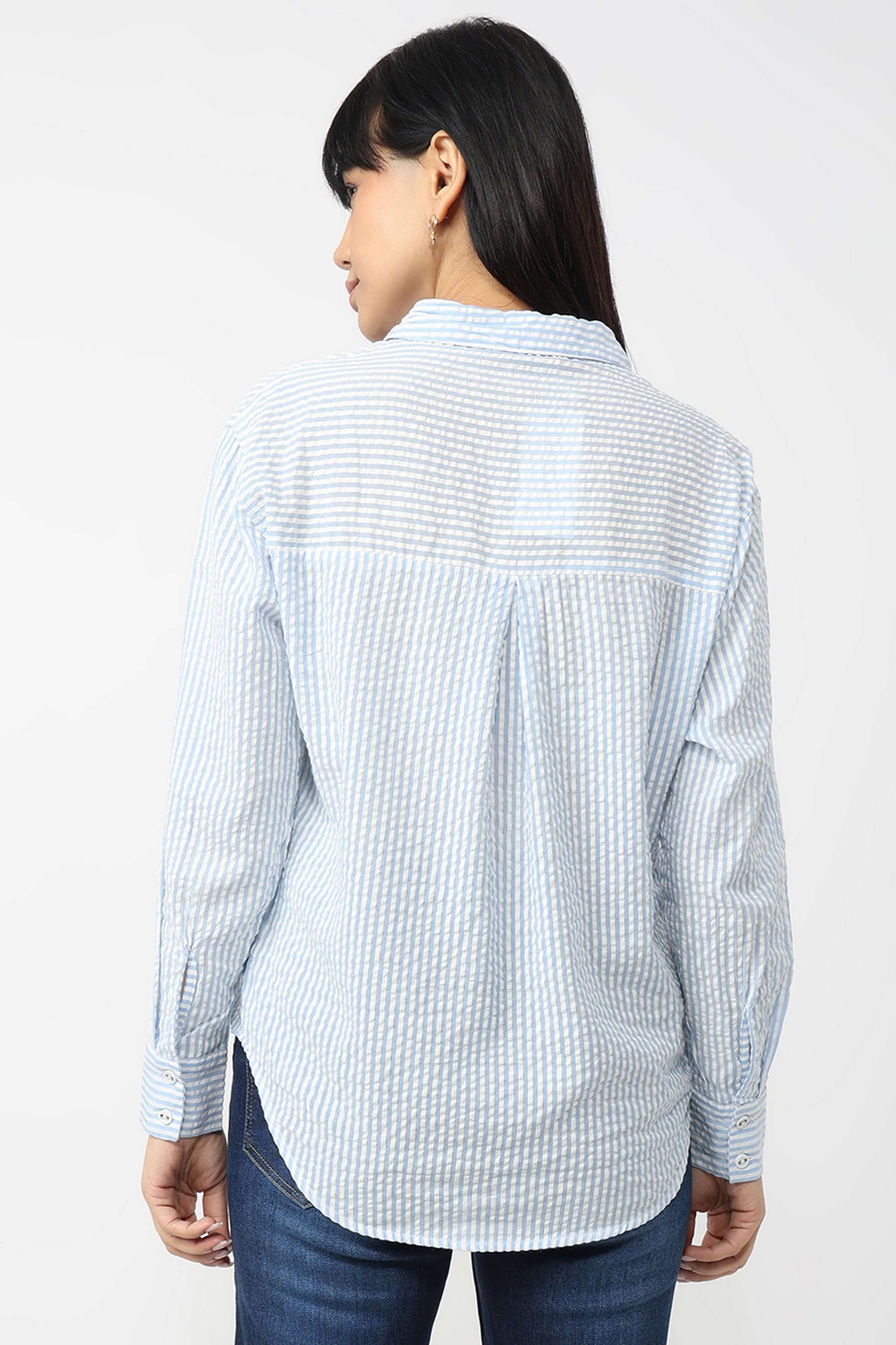 Stripes-Collared-Blended-Fabric-Women-Casual-Wear-Shirt