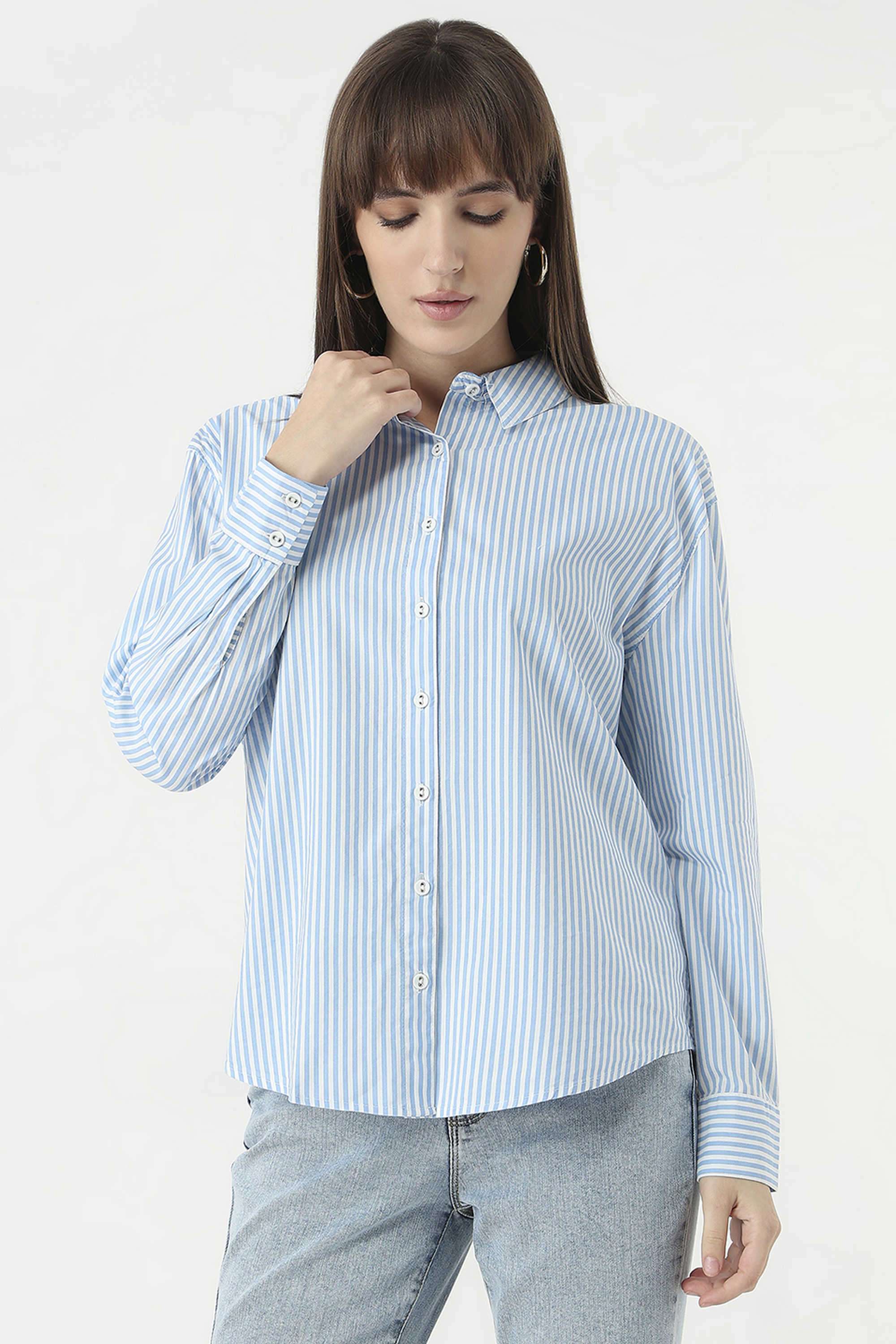 Stripes-Collared-Blended-Fabric-Women-s-Casual-Wear-Shirt