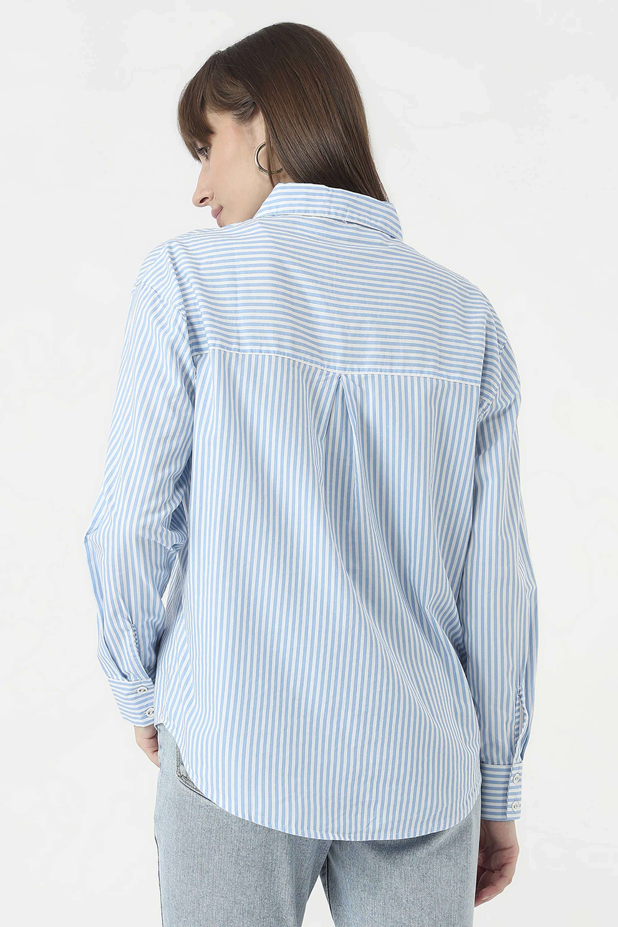 Stripes-Collared-Blended-Fabric-Women-s-Casual-Wear-Shirt
