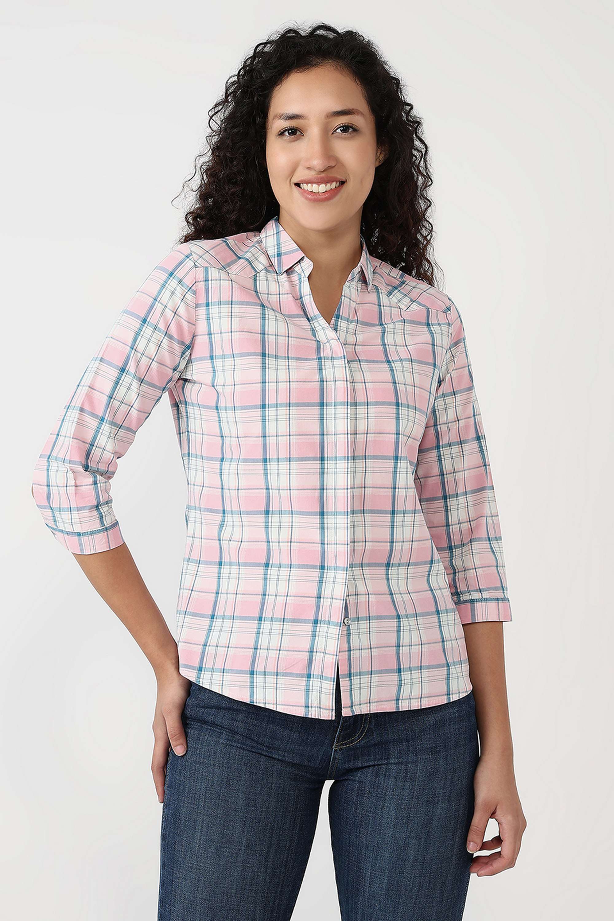 Checks-Collared-Blended-Fabric-Women-s-Casual-Wear-Shirt