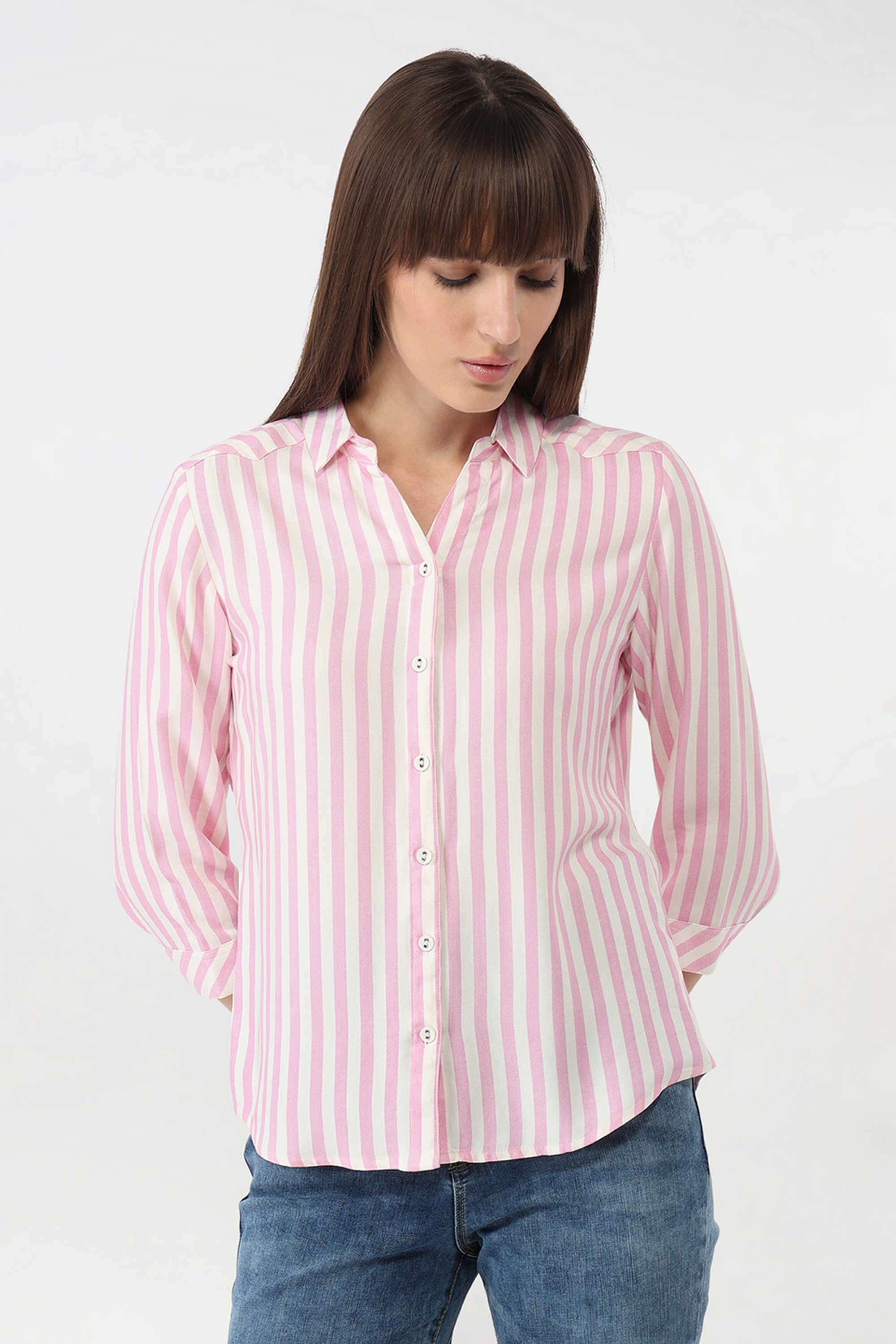 Stripes-Collared-Blended-Fabric-Women-s-Casual-Wear-Shirt