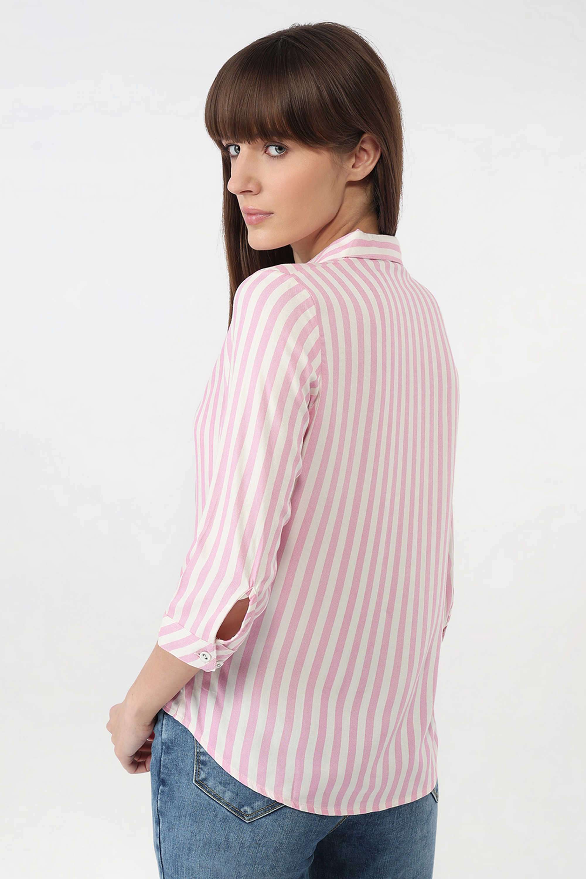 Stripes-Collared-Blended-Fabric-Women-s-Casual-Wear-Shirt