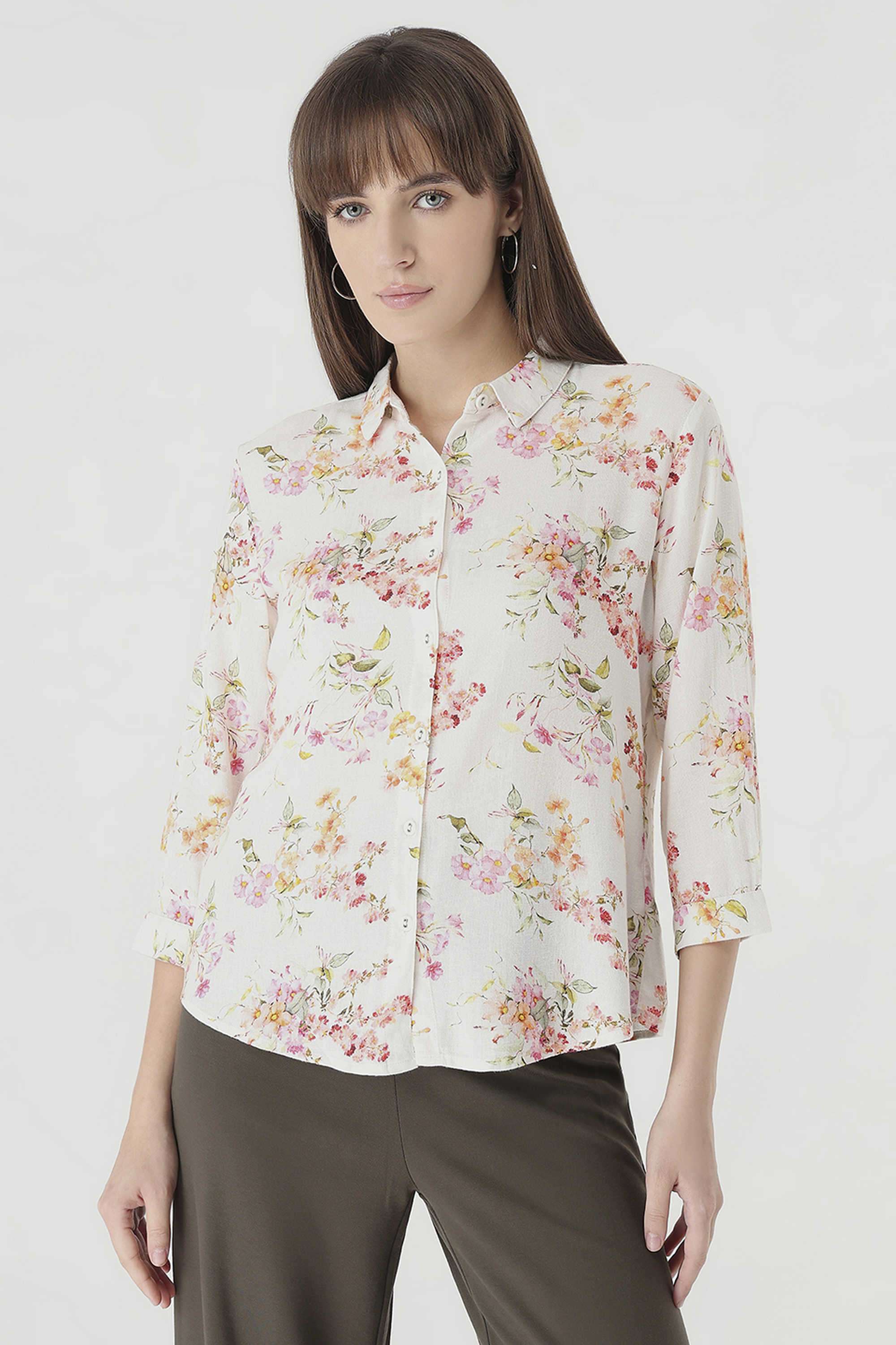 Floral-Collared-Blended-Fabric-Women-s-Casual-Wear-Shirt