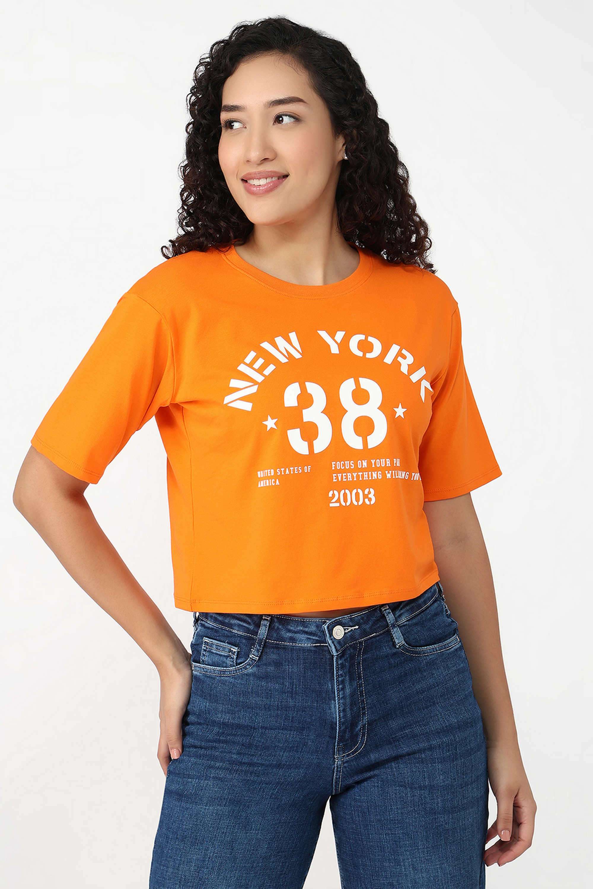 Graphic-Print-Blended-Fabric-Round-Neck-Women-s-T-Shirt