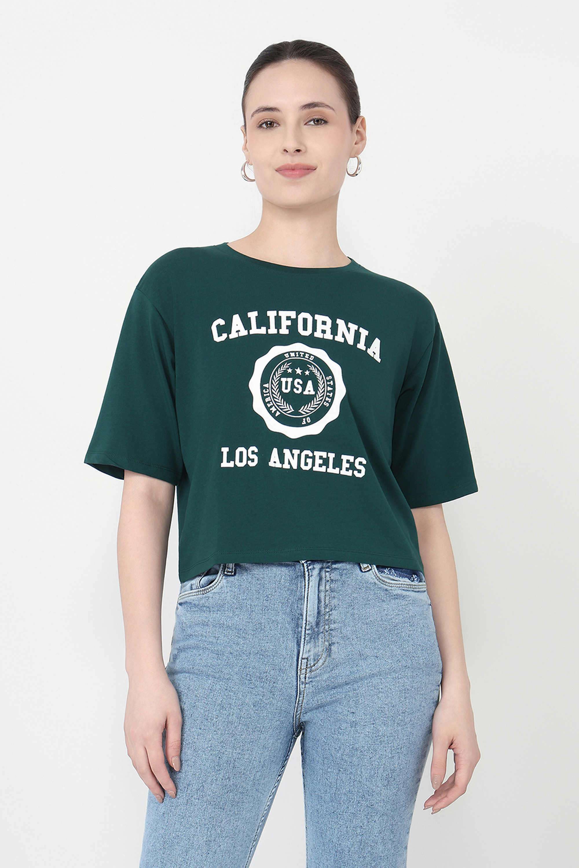 Graphic-Print-Blended-Fabric-Round-Neck-Women-s-T-Shirt