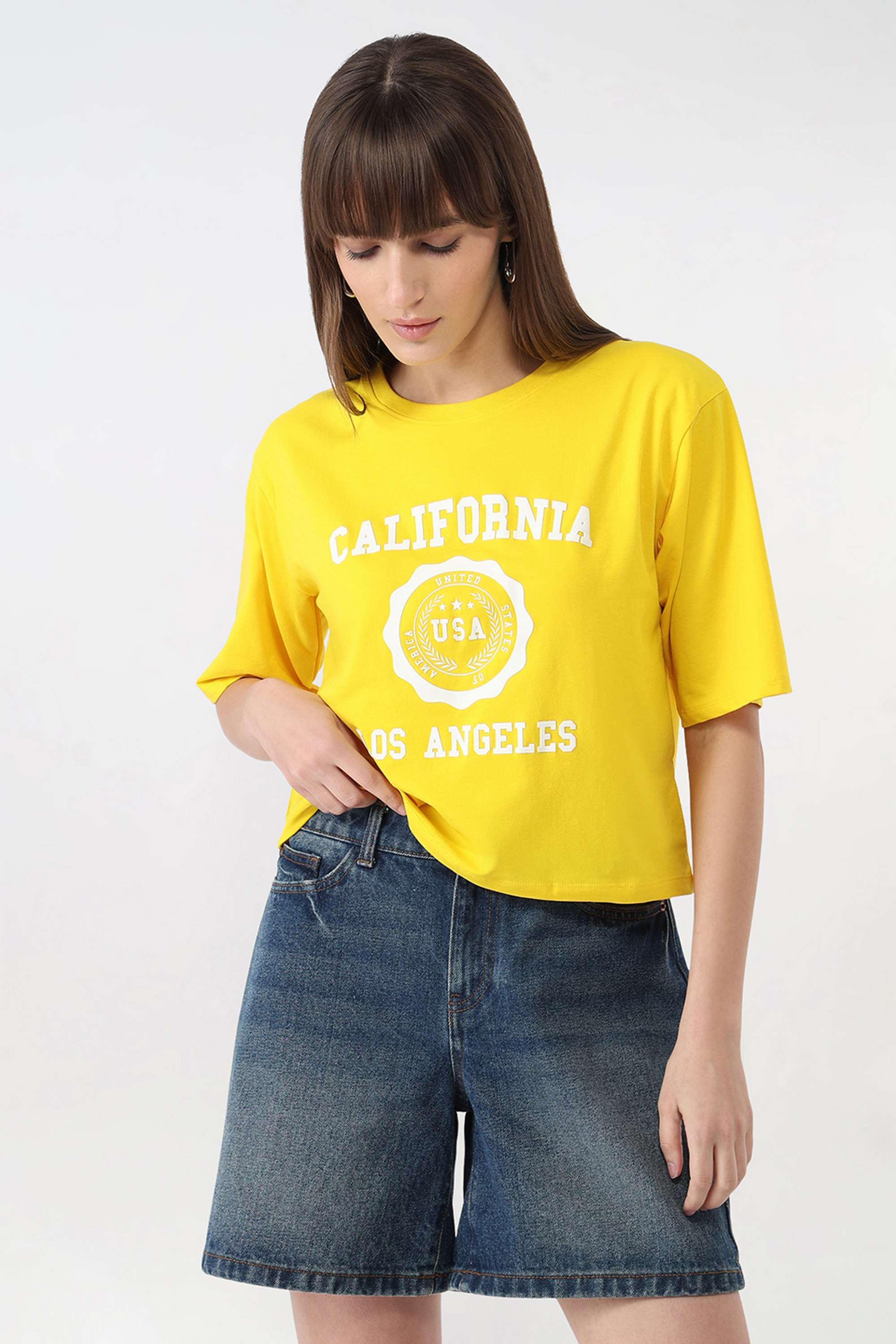 Graphic-Print-Blended-Fabric-Round-Neck-Women-s-T-Shirt