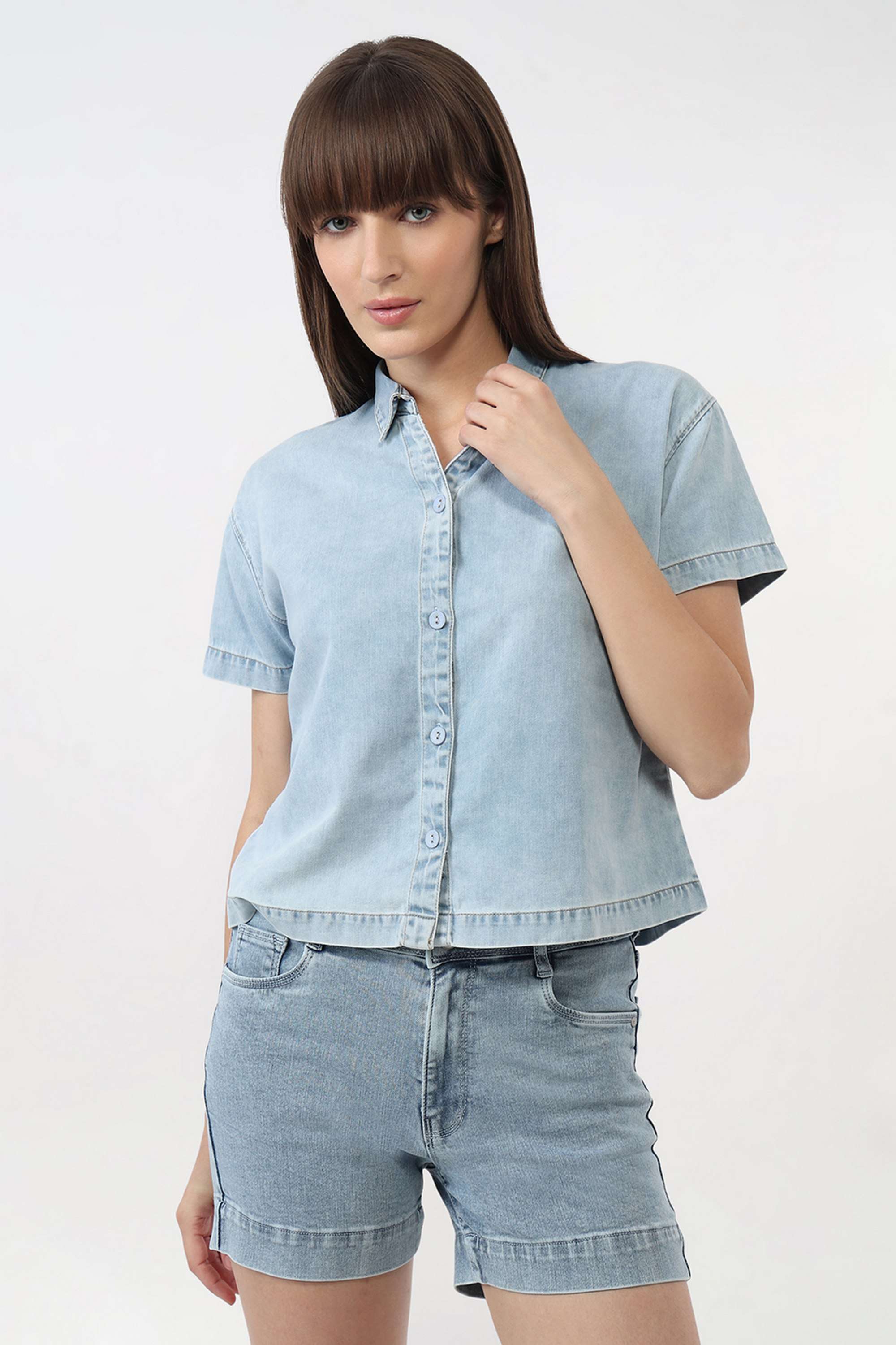 Solid-Collared-Blended-Fabric-Women-s-Casual-Wear-Shirt