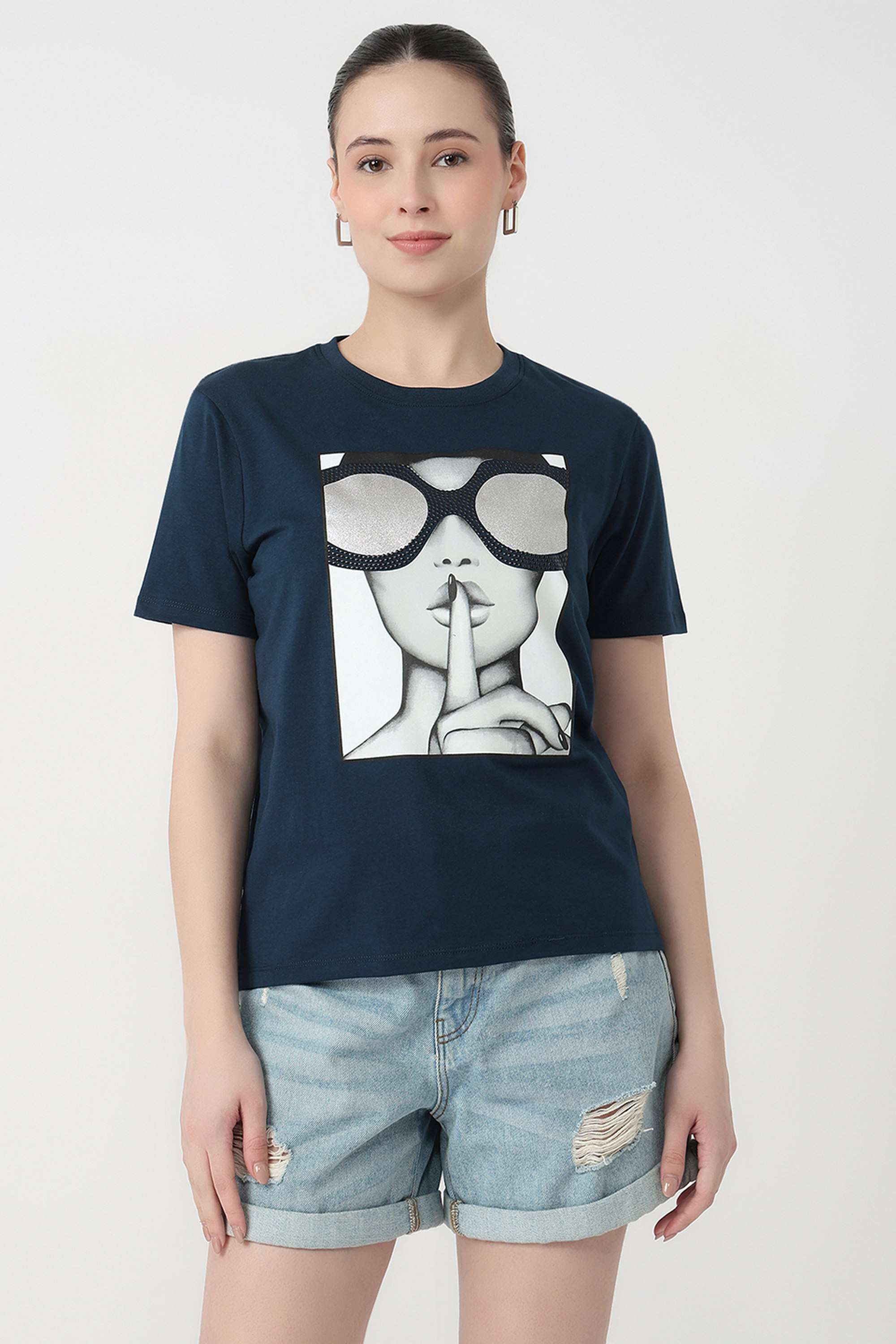 Graphic-Print-Blended-Fabric-Round-Neck-Women-s-T-Shirt