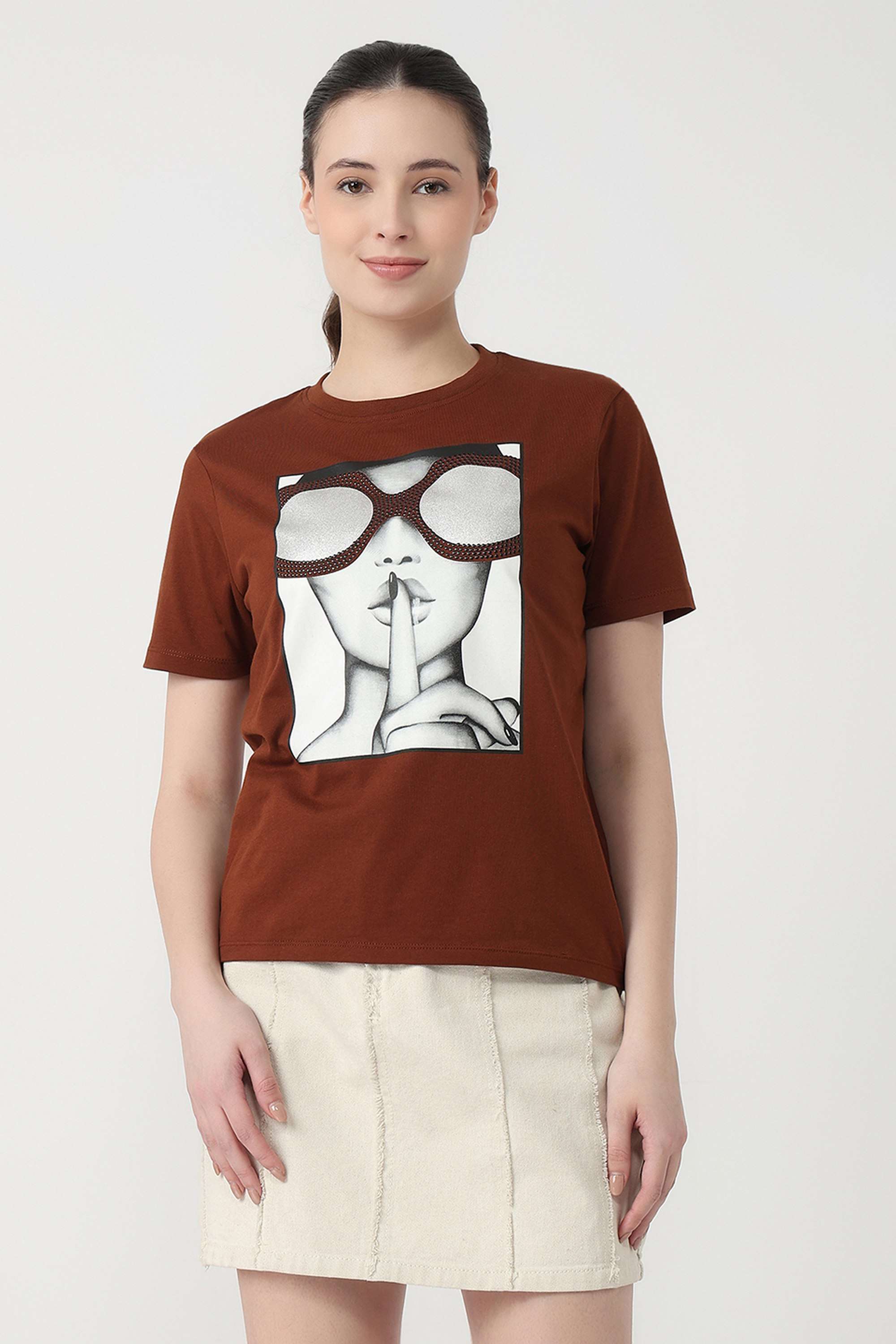 Graphic-Print-Blended-Fabric-Round-Neck-Women-s-T-Shirt