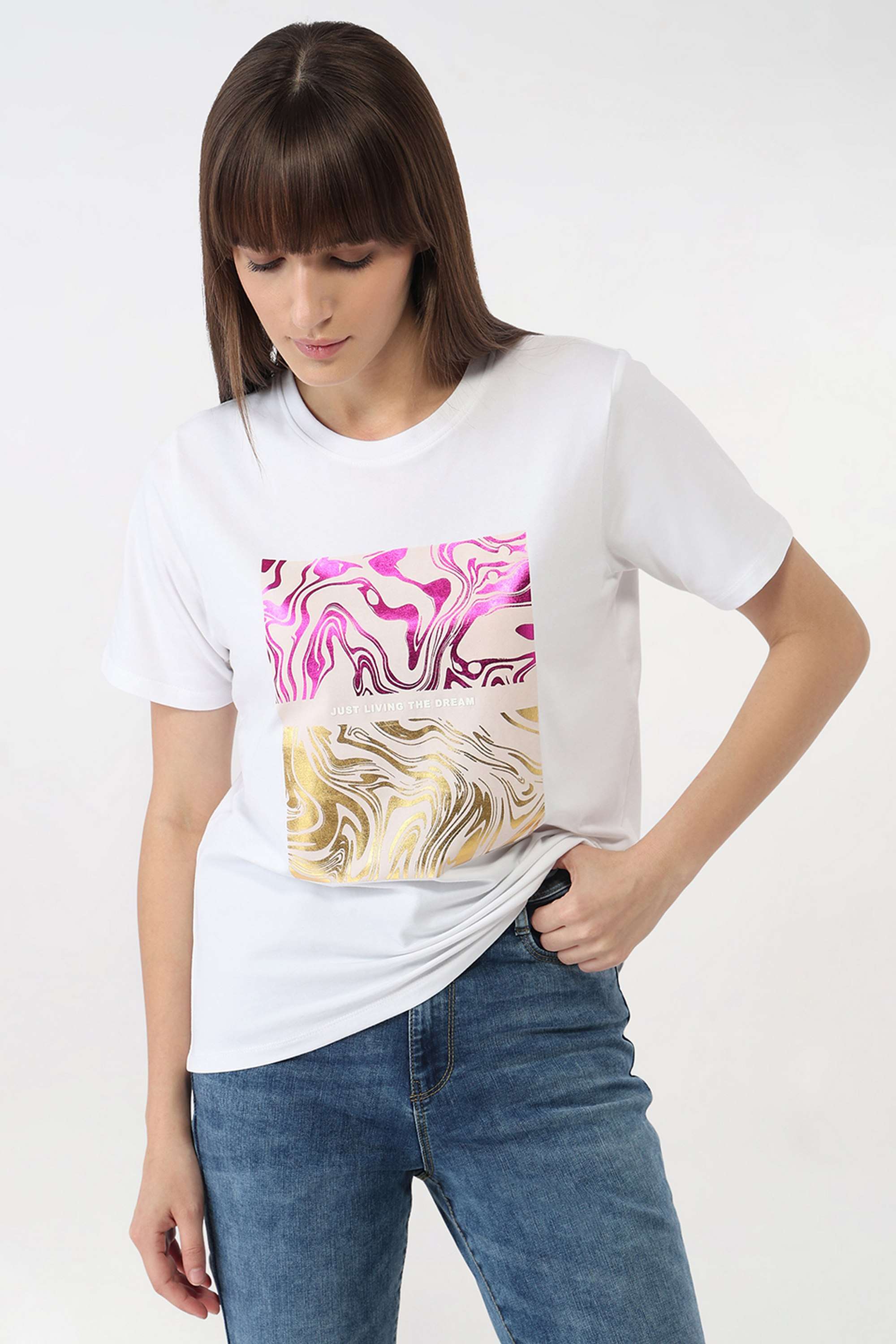 Graphic-Print-Blended-Fabric-Round-Neck-Women-s-T-Shirt