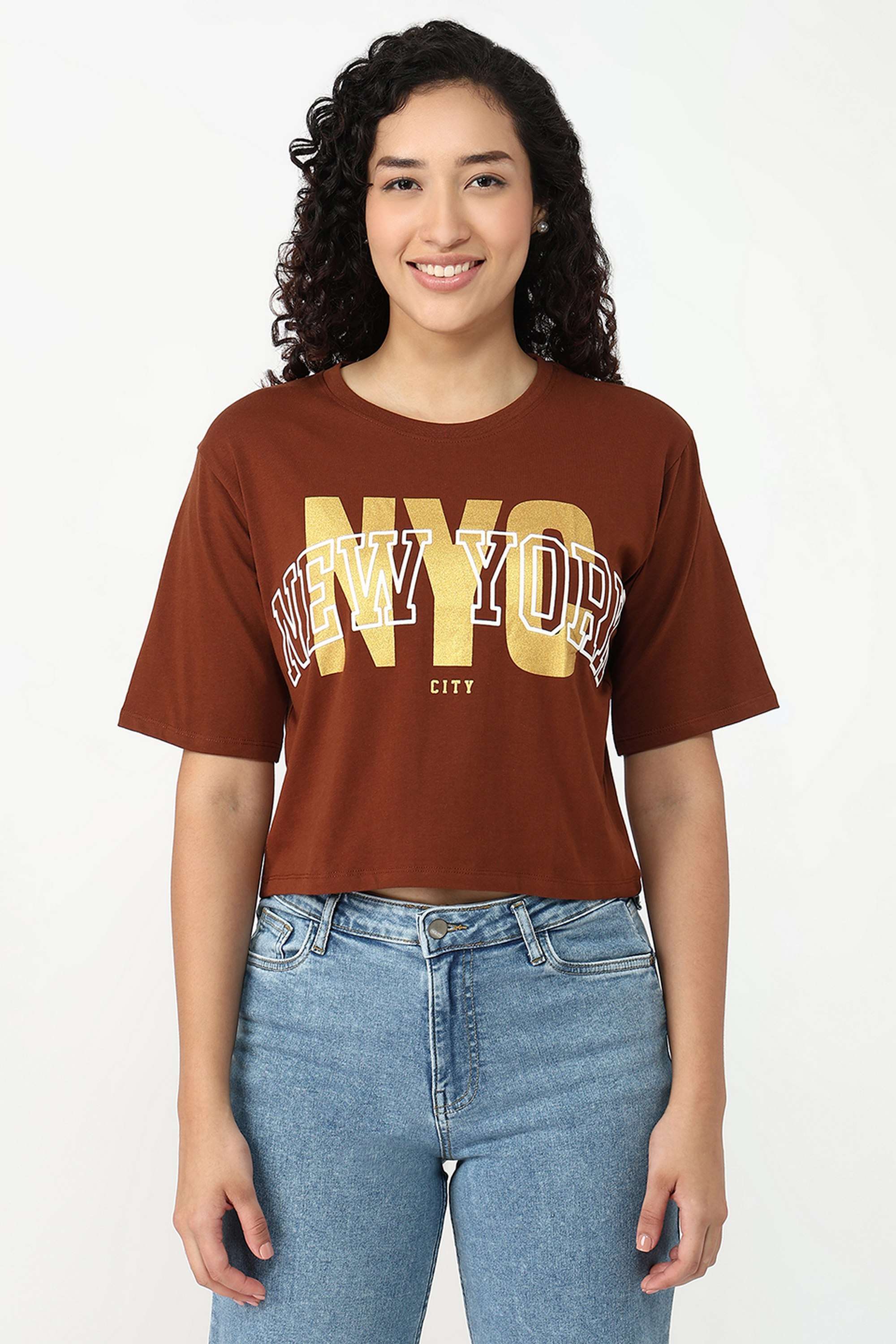 Graphic-Print-Blended-Fabric-Round-Neck-Women-s-T-Shirt