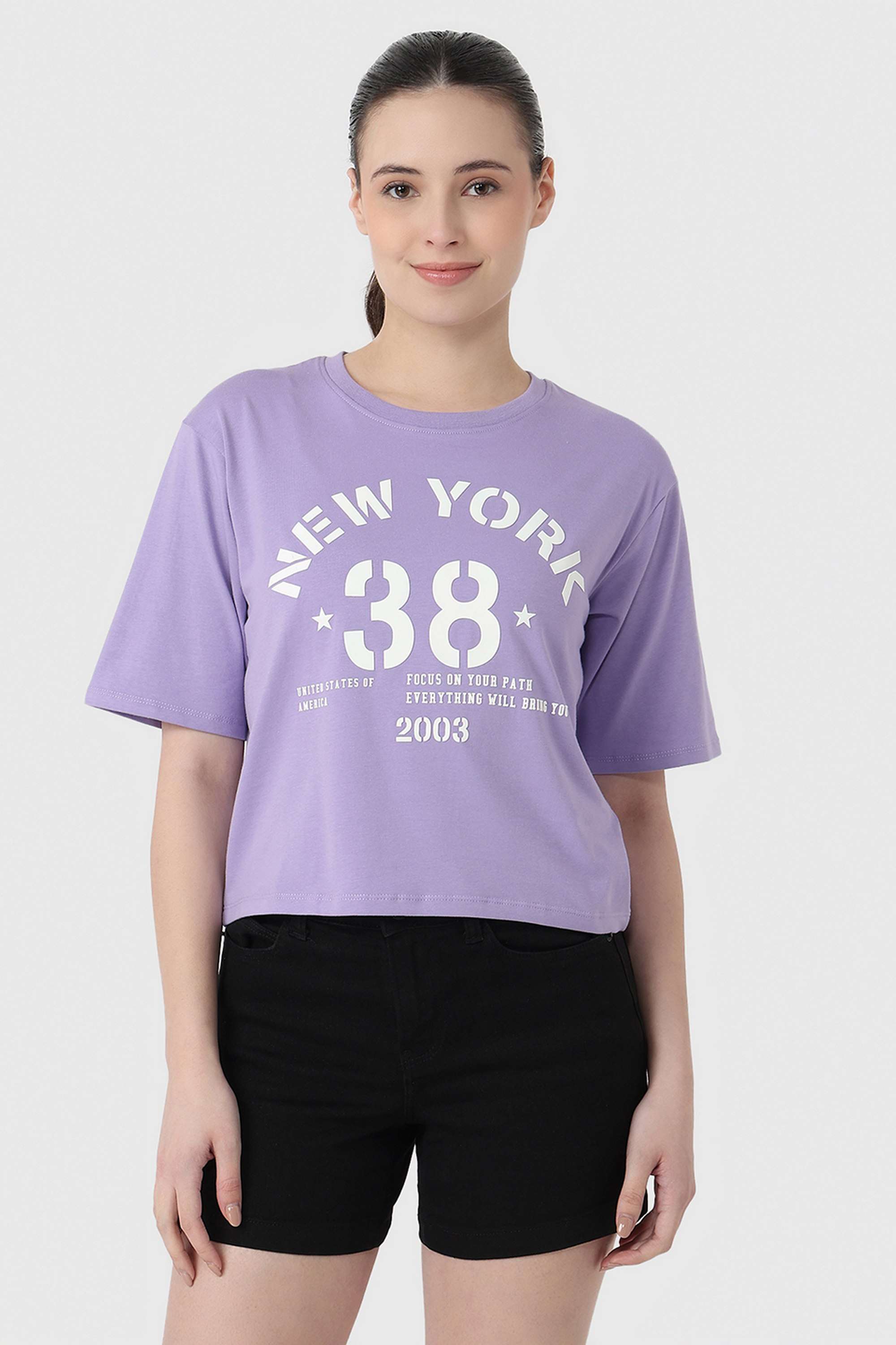 Graphic-Print-Blended-Fabric-Round-Neck-Women-s-T-Shirt