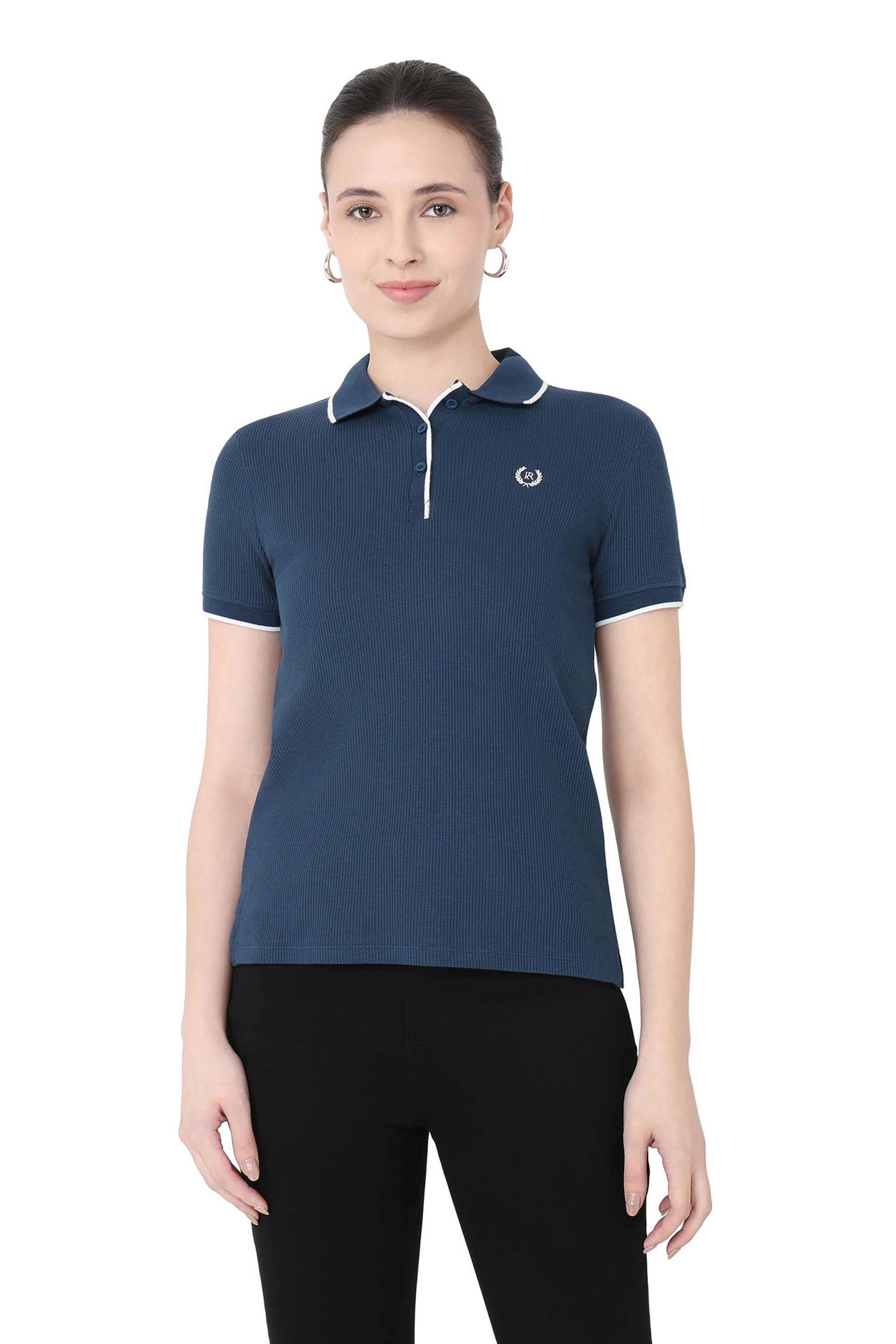 Solid-Blended-Fabric-Polo-Women-s-T-Shirt