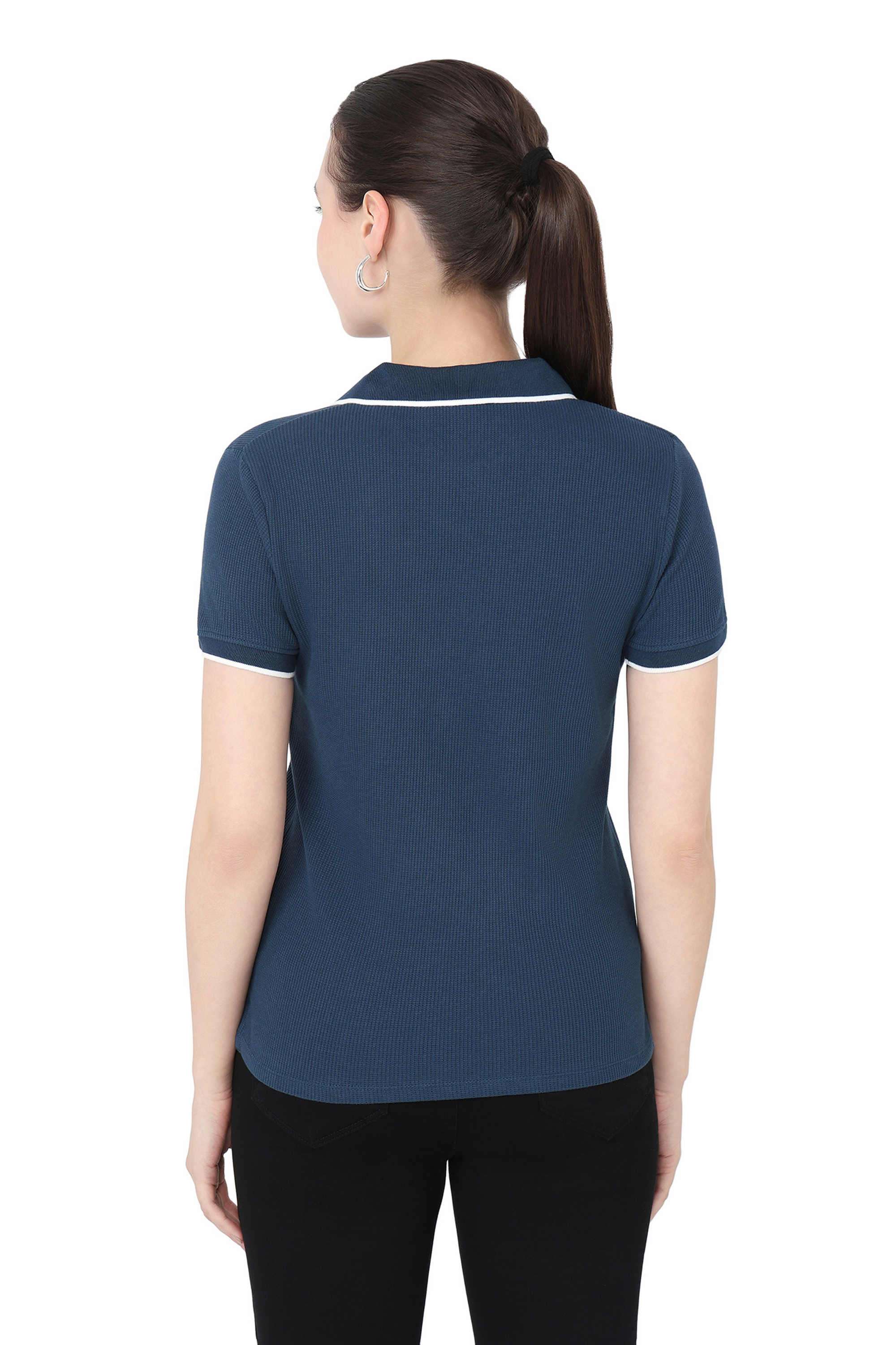 Solid-Blended-Fabric-Polo-Women-s-T-Shirt