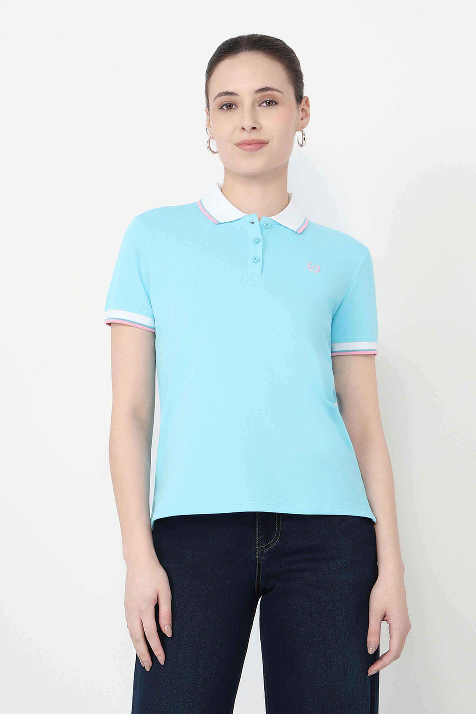Solid-Blended-Fabric-Polo-Women-s-T-Shirt