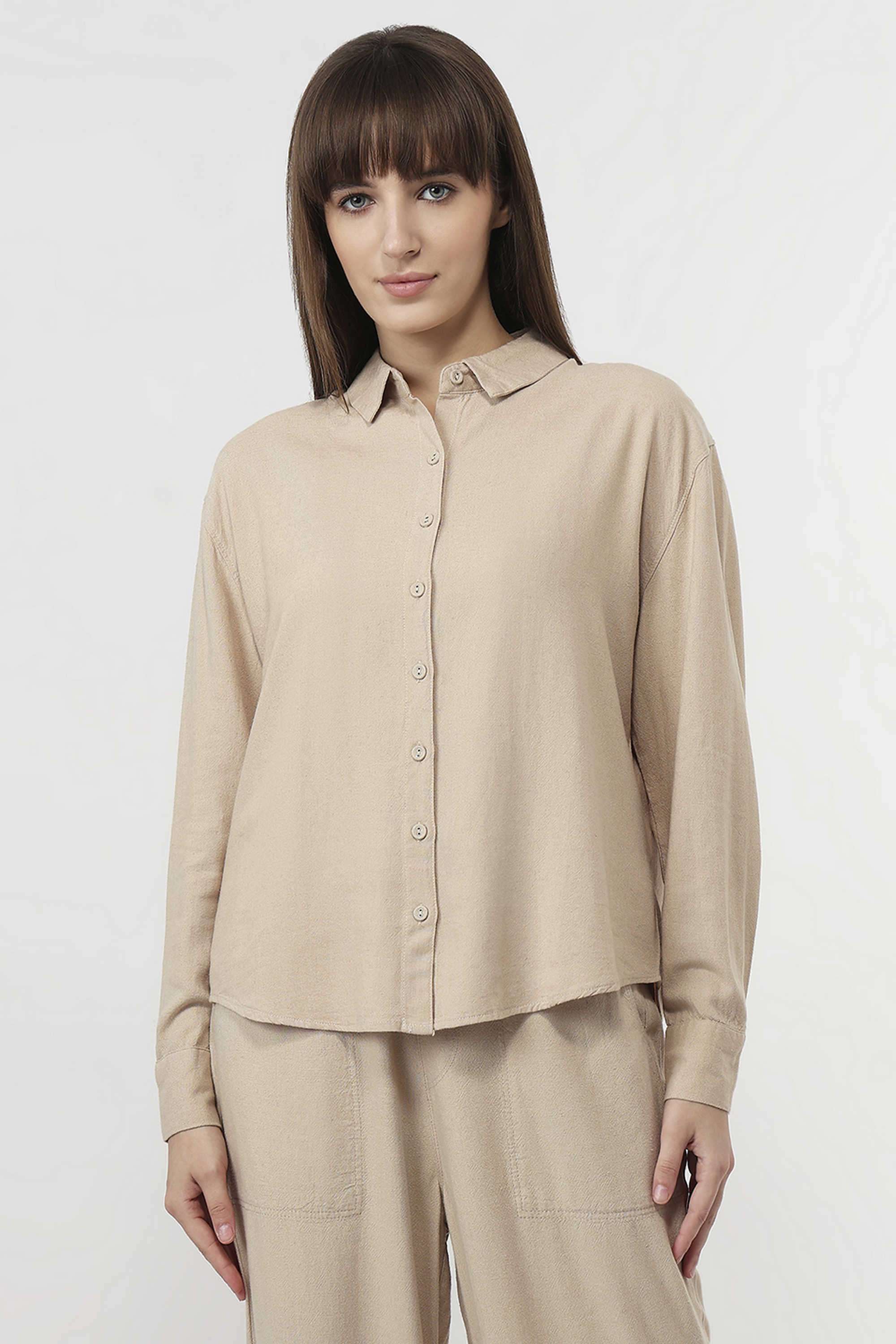 Solid-Collared-Blended-Fabric-Women-s-Casual-Wear-Shirt