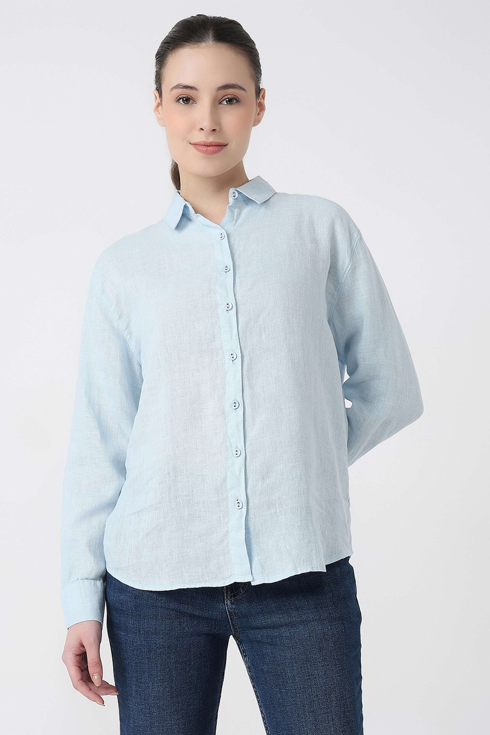 Solid-Blended-Fabric-Collared-Women-s-Shirt