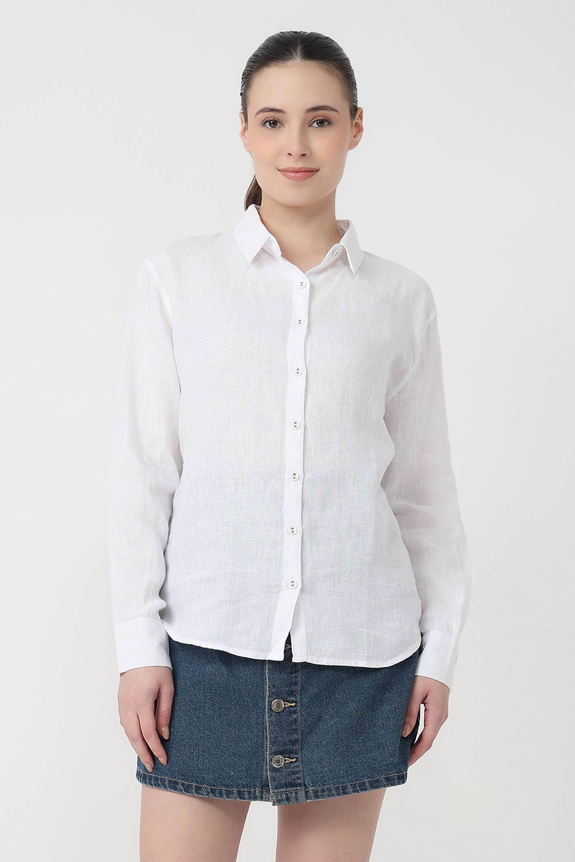 Solid-Blended-Fabric-Collared-Women-s-Shirt