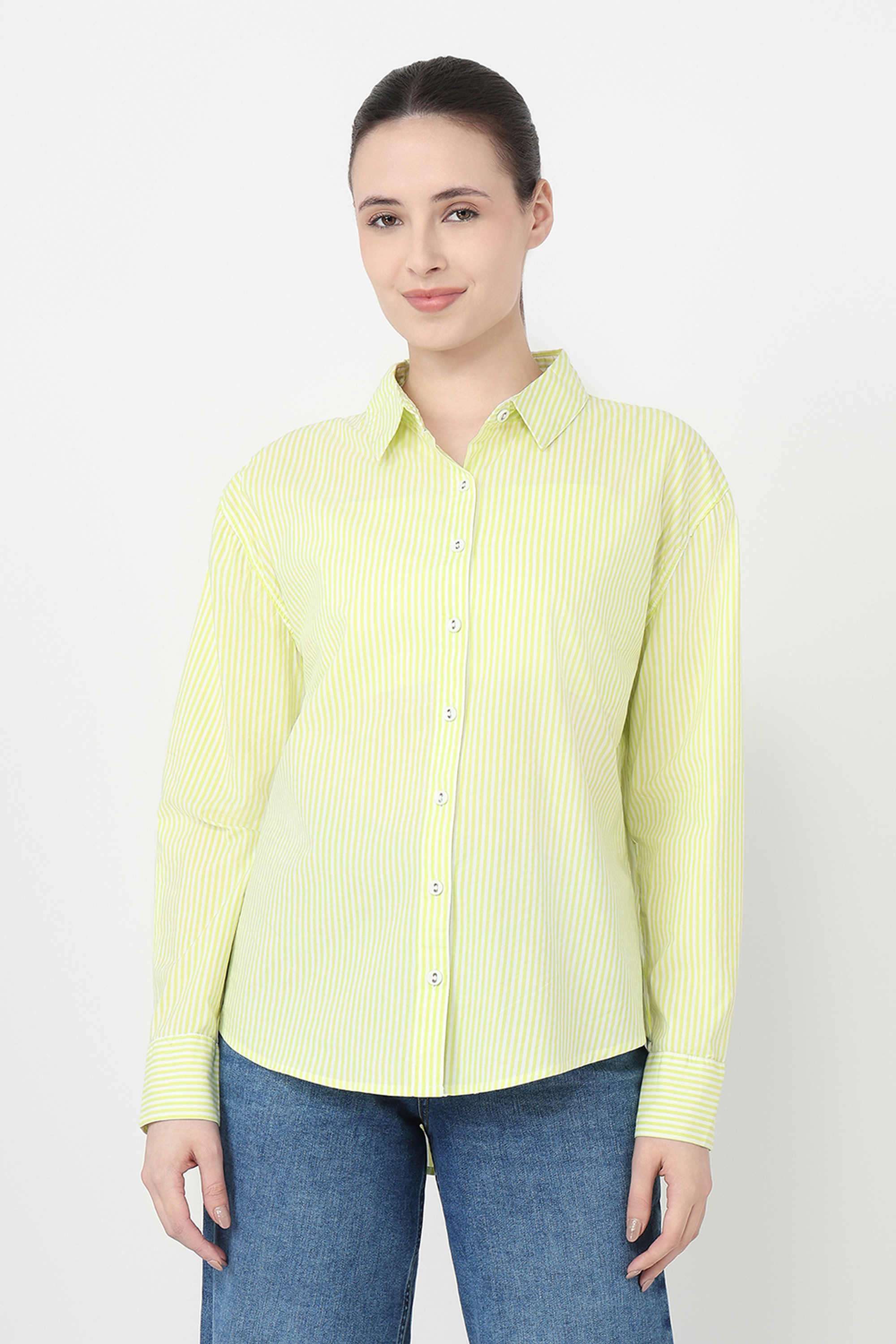 Stripes-Blended-Fabric-Collared-Women-s-Shirt