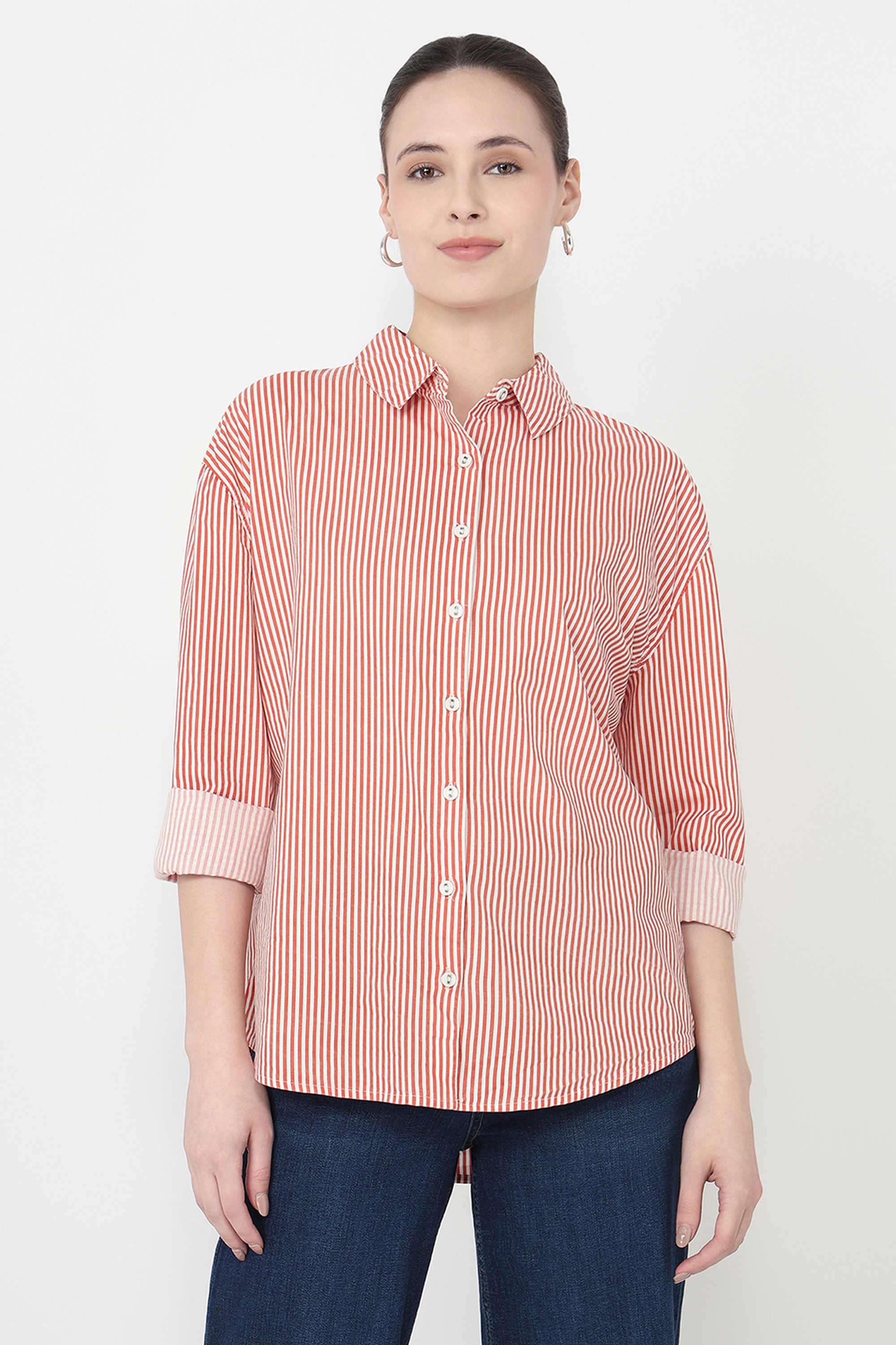 Stripes-Blended-Fabric-Collared-Women-s-Shirt