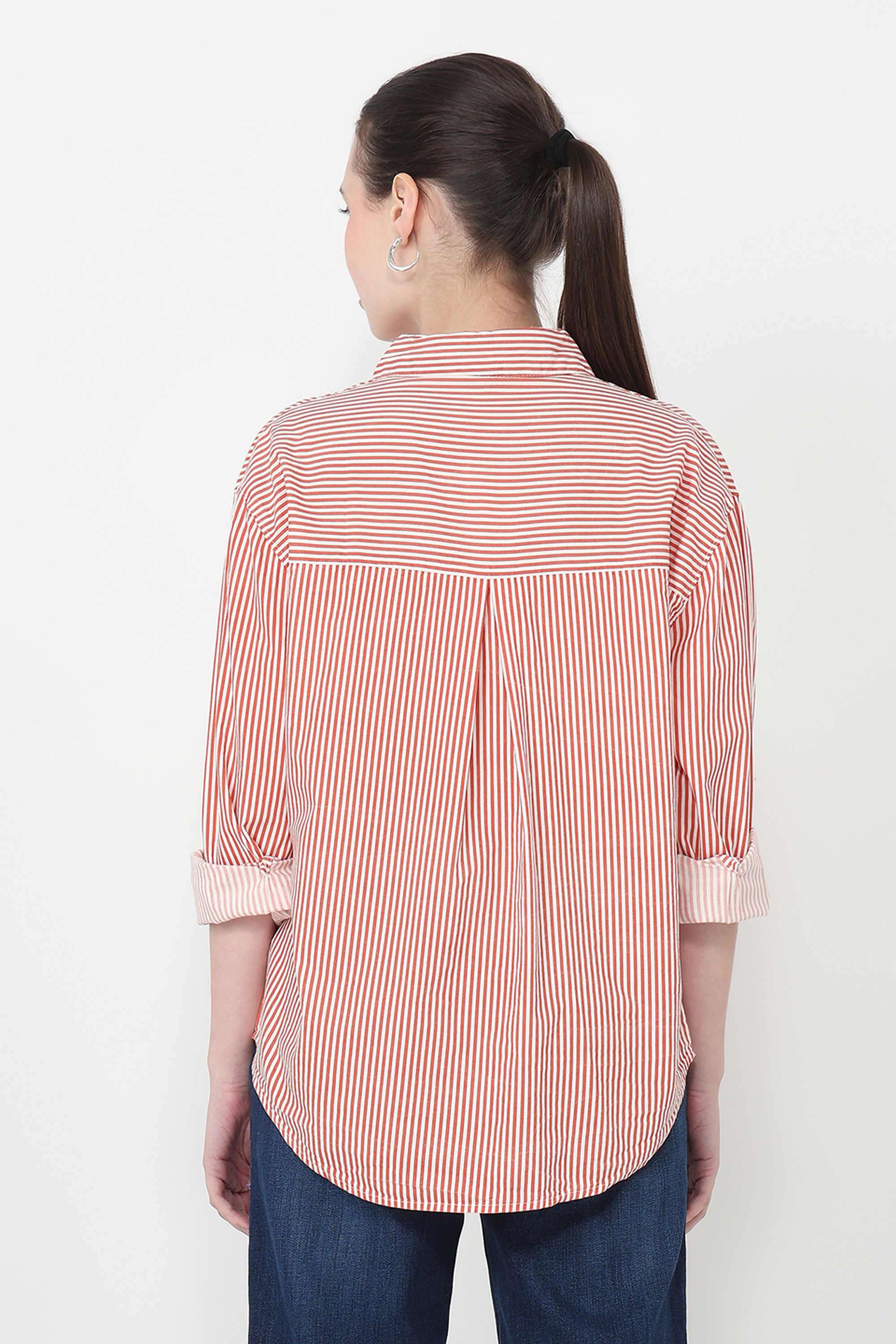 Stripes-Blended-Fabric-Collared-Women-s-Shirt